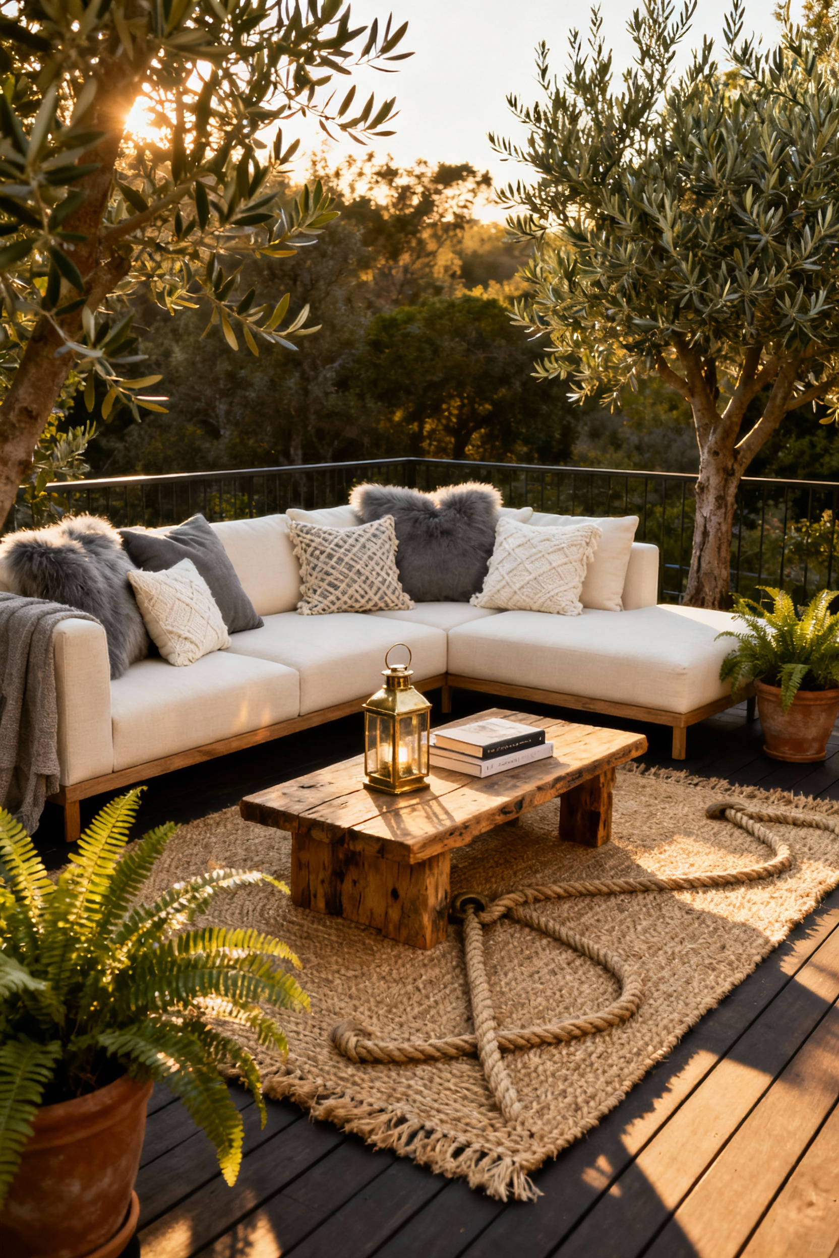 Luxurious back porch decorating featuring deep-seated outdoor furniture, layered high-performance textiles, a plush area rug, and oversized cushions, creating a tactile and comfortable exterior living room environment.