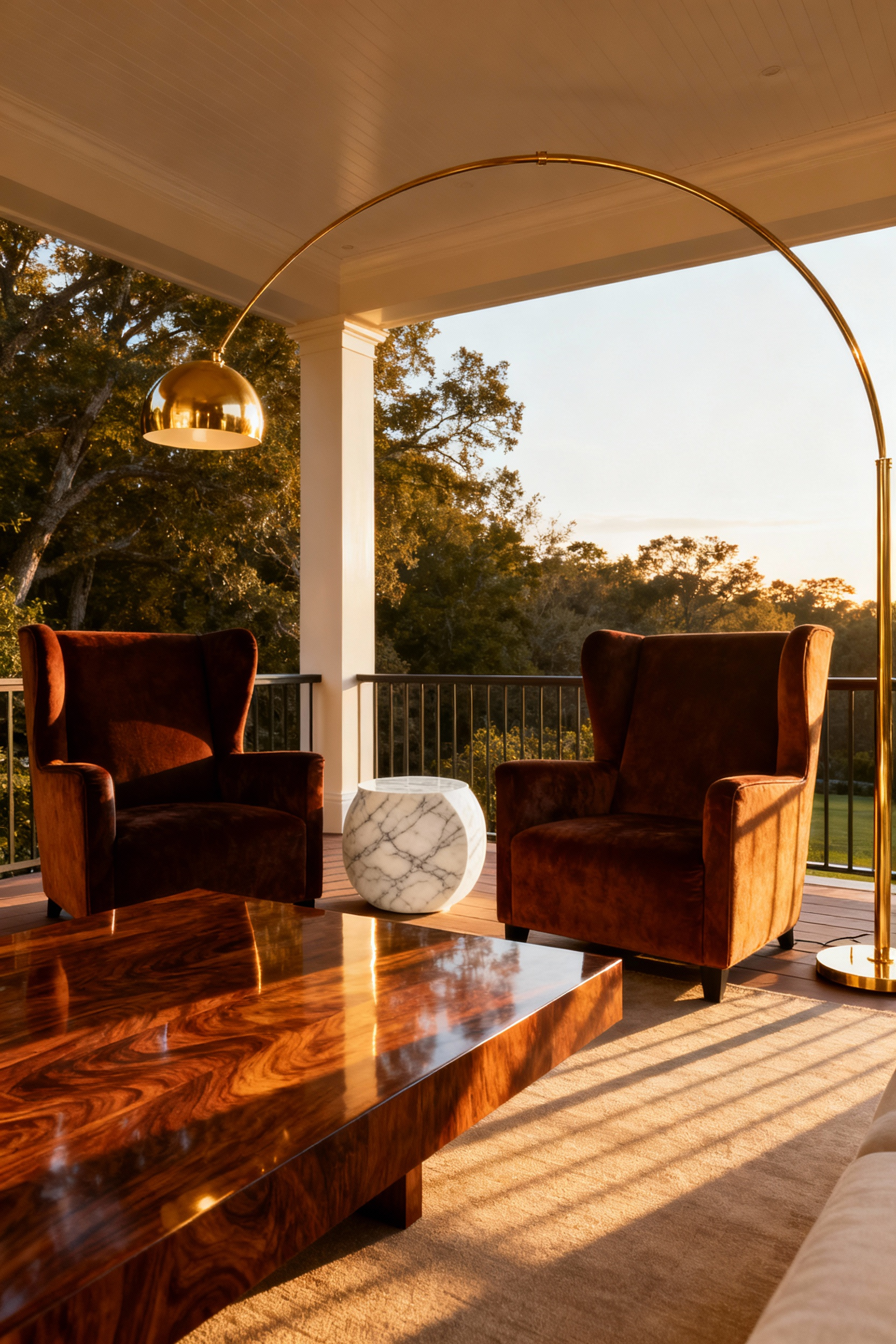 Luxury back porch featuring substantial mahogany seating contrasted with a white Carrara marble side table and polished brass floor lamp, illustrating a mixed material design palette.