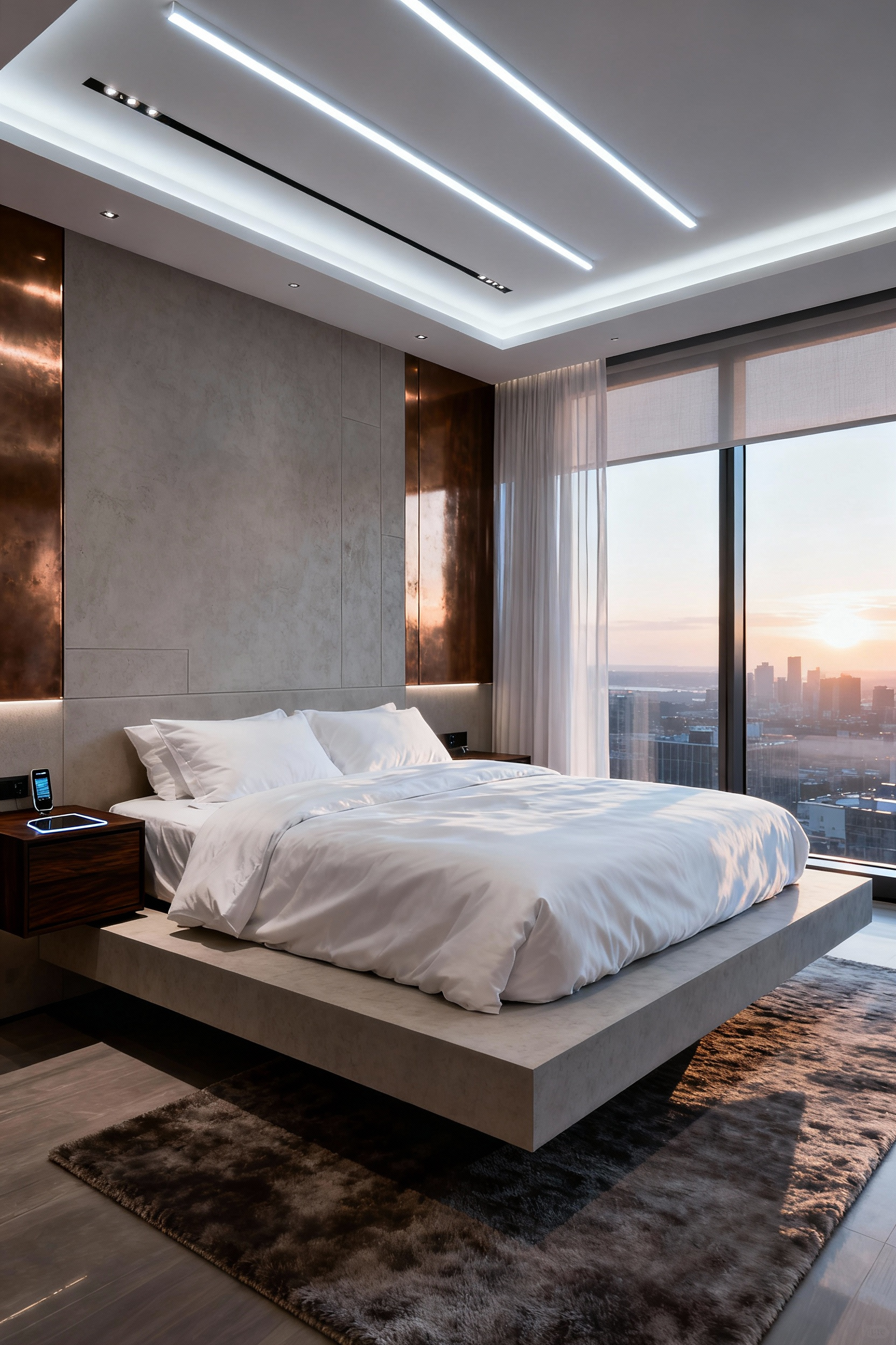 Wide-angle photograph of an ultra-luxury bedroom interior illuminated by bright, 6000 Kelvin smart cove lighting designed to align with the body's circadian rhythm.