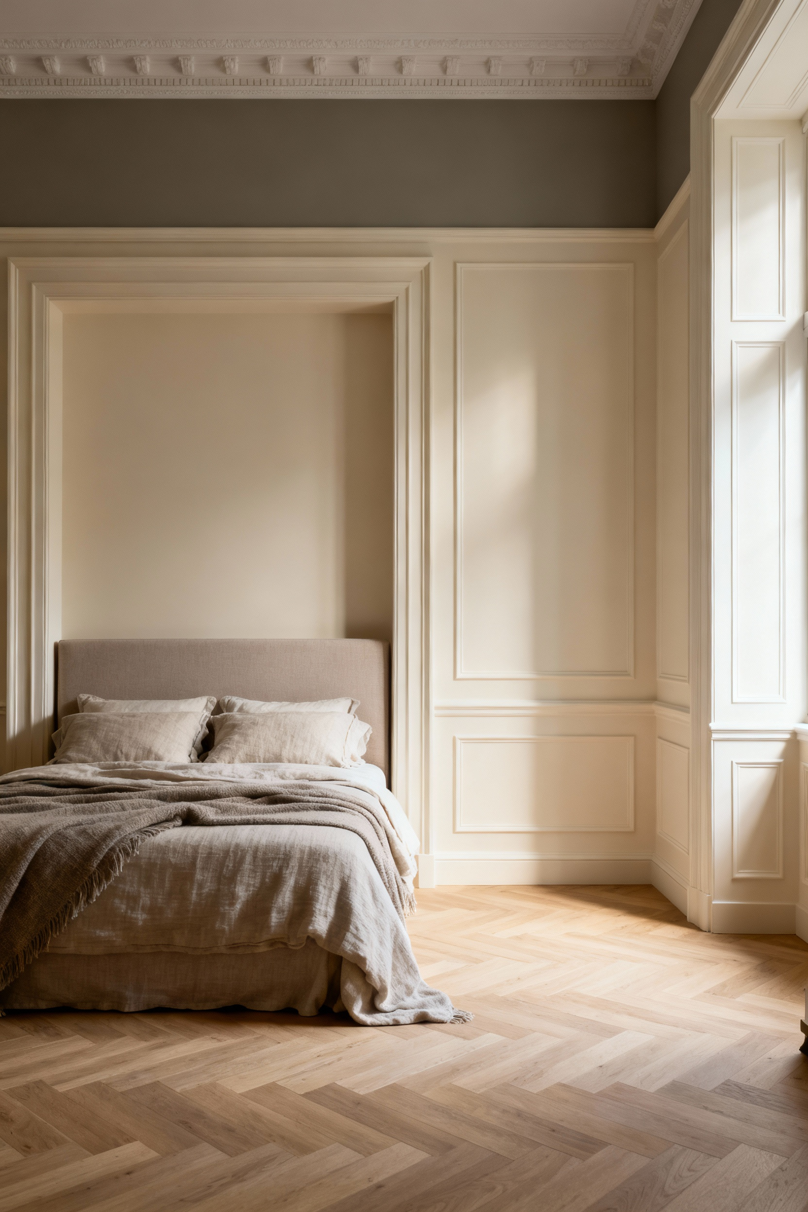 A high-end luxury master bedroom featuring extensive custom ivory wainscoting and millwork that provides architectural definition and detail to the walls.