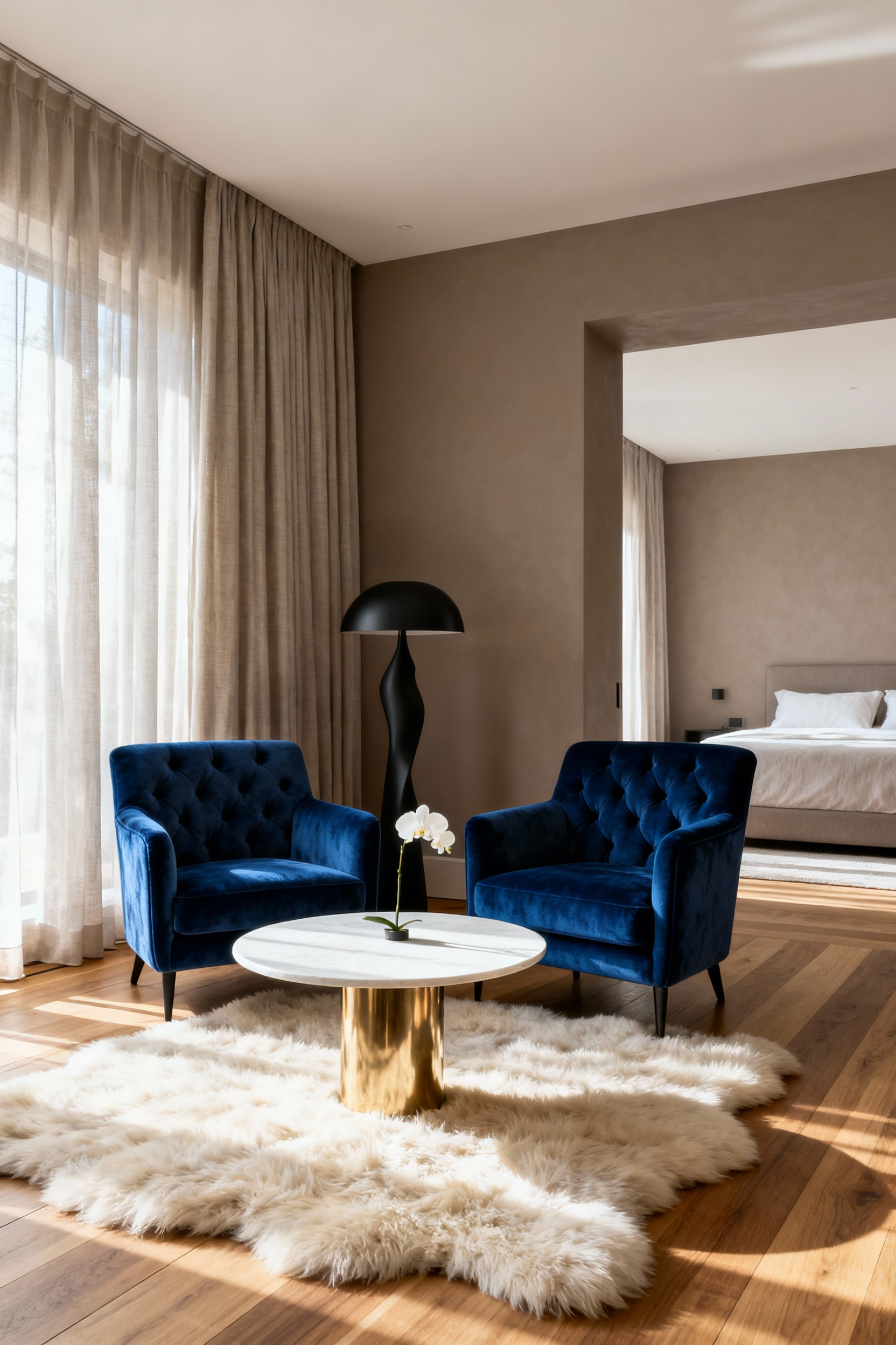 A wide photograph of a luxury master bedroom showing a separate lounge area featuring sapphire blue velvet armchairs, a brass coffee table, and an ivory rug, defining a sophisticated retreat zone.