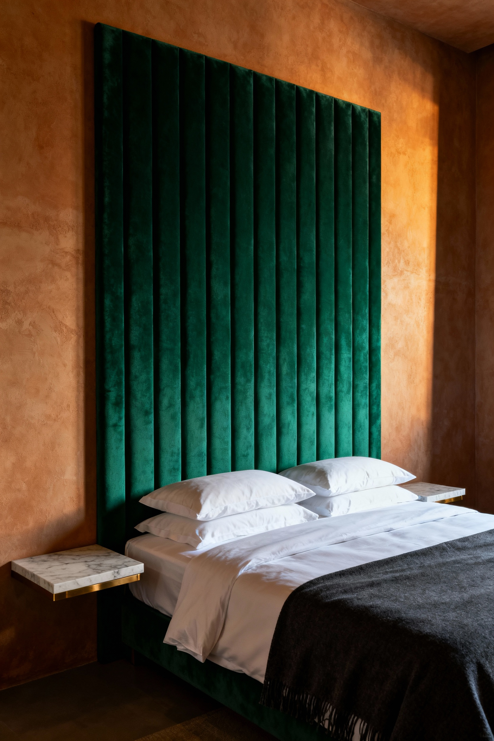 Oversized emerald green velvet channel-tufted headboard anchoring a luxury master bedroom design with warm neutral plaster walls and minimalist floating nightstands.