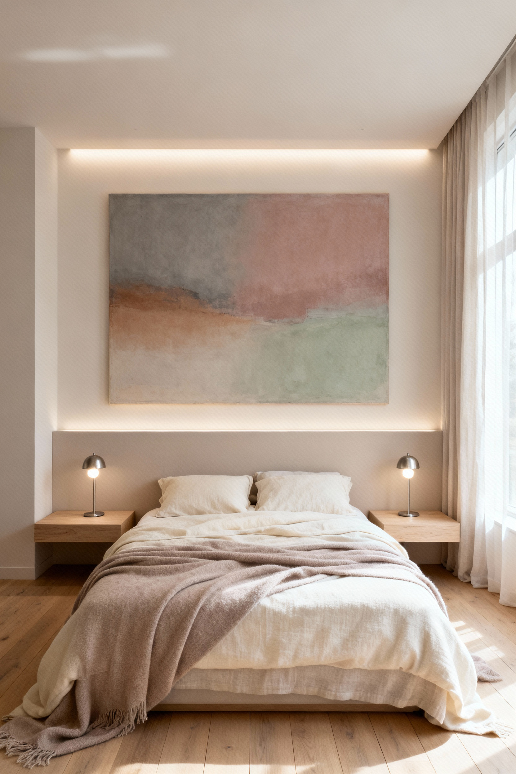 A visually calm luxury bedroom featuring a king bed with neutral linens and a single, large-scale abstract artwork hanging above the headboard, illustrating the Quiet Luxury design approach.