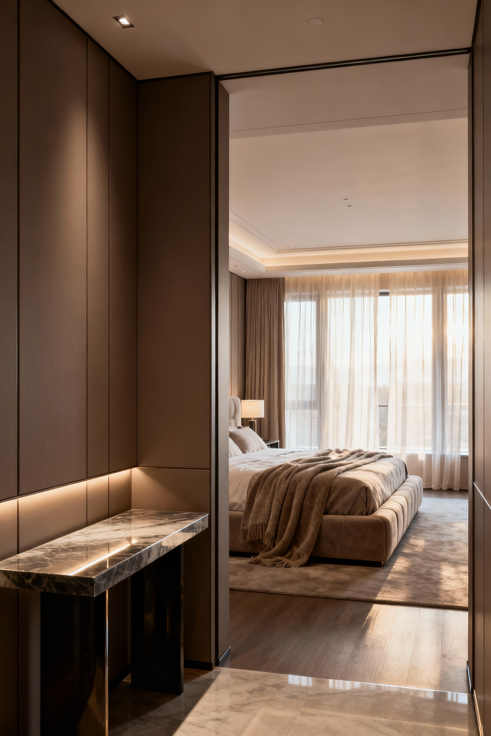 Photograph of a luxury master bedroom suite entrance, showing an architectural vestibule or decompression hallway leading into the main sleeping chamber, emphasizing sophisticated spatial planning and layered lighting.