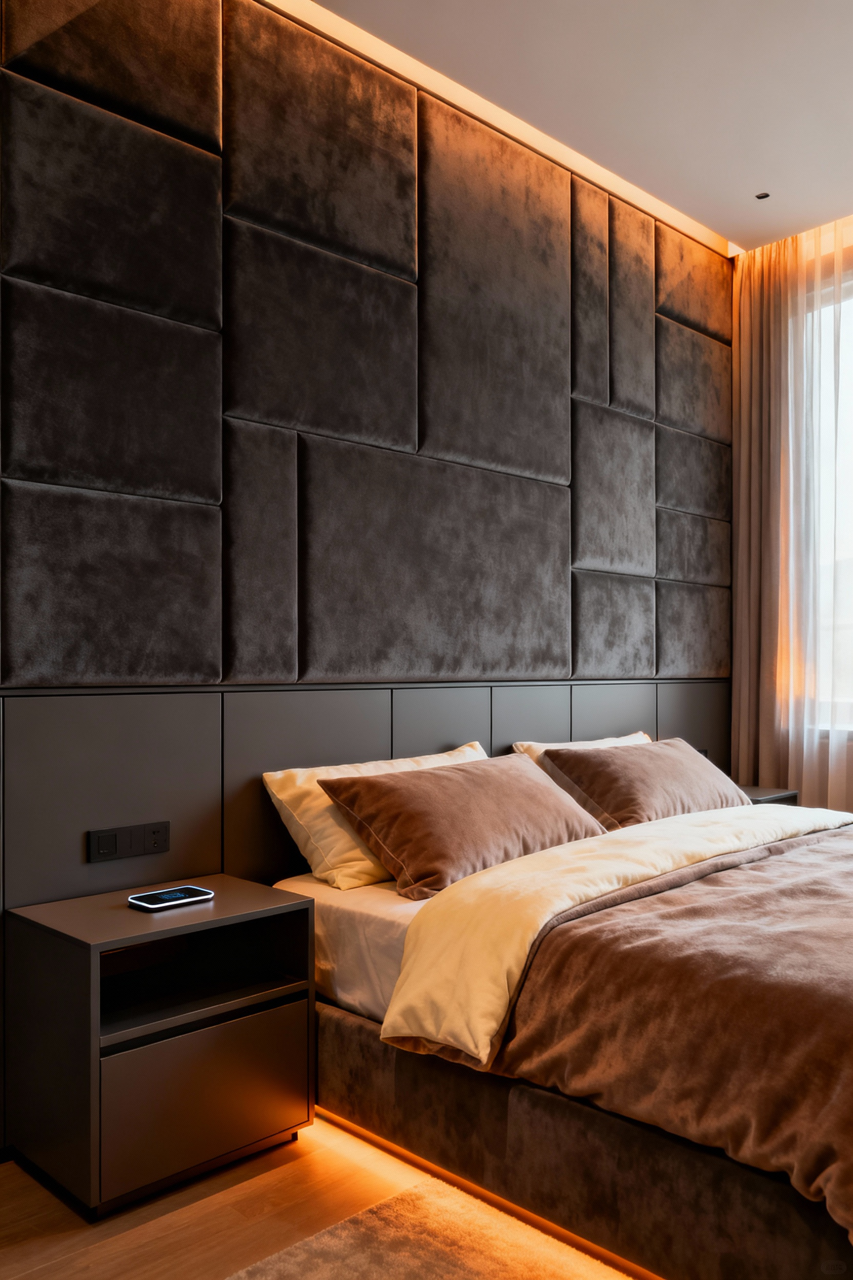 A photograph of a highly personalized luxury bedroom featuring a custom velvet geometric headboard, seamless built-in cabinetry, and integrated invisible technology like smart nightstands and automated circadian lighting.