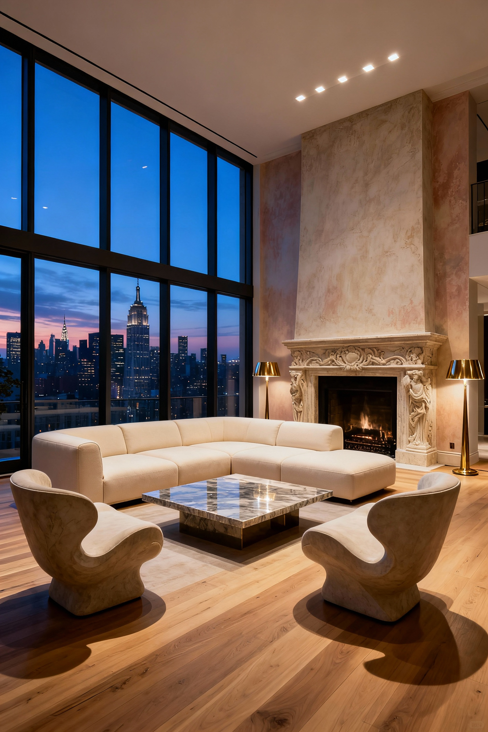 Luxurious living room featuring a cream-colored sofa floated in the center of the space, oriented directly toward a panoramic window view of a cityscape and a hand-carved limestone fireplace, defining the room's visual focal point.