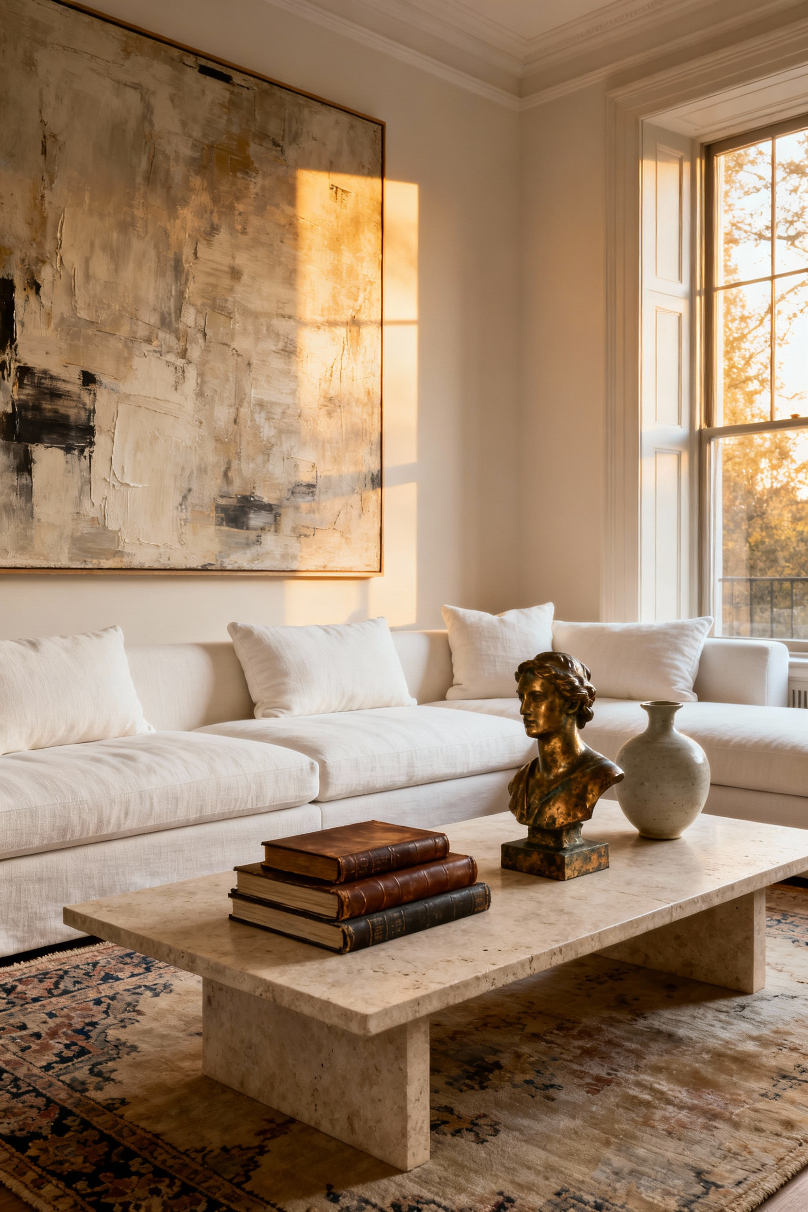 A full-scene photograph of a transitional luxury living room blending high-end modern furnishings with unique vintage accessories, demonstrating the 80/20 curation rule for soulful, inviting design.