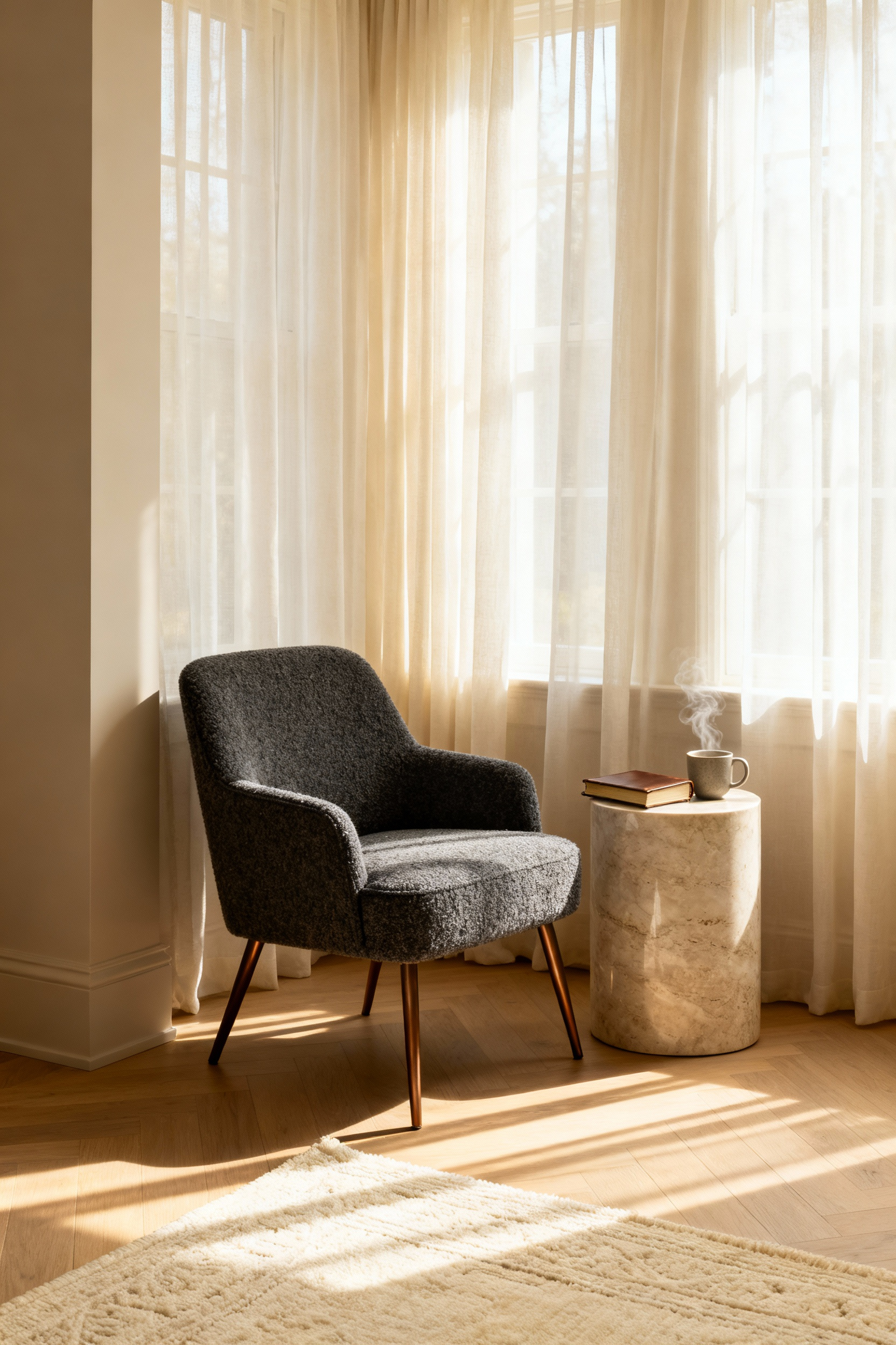 A serene luxury reading nook featuring a gray boucle occasional chair next to a travertine table and a large window with sheer linen curtains in a master bedroom.