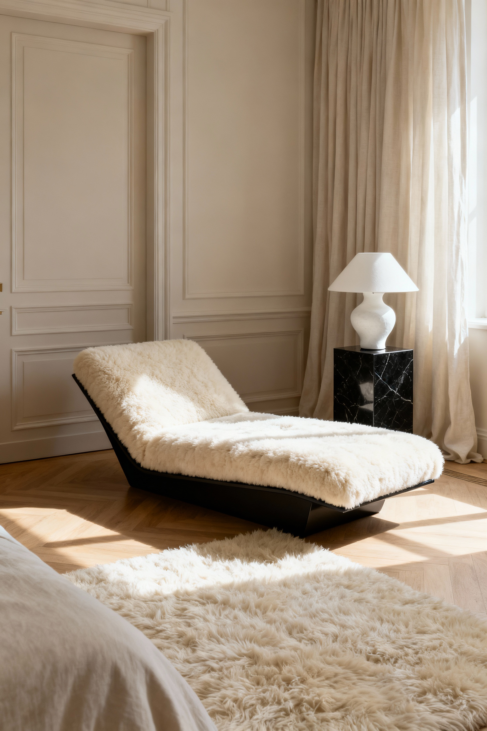 A modern, cream shearling chaise longue sitting elegantly in a sun-drenched luxury bedroom corner with natural light highlighting the tactile upholstery.