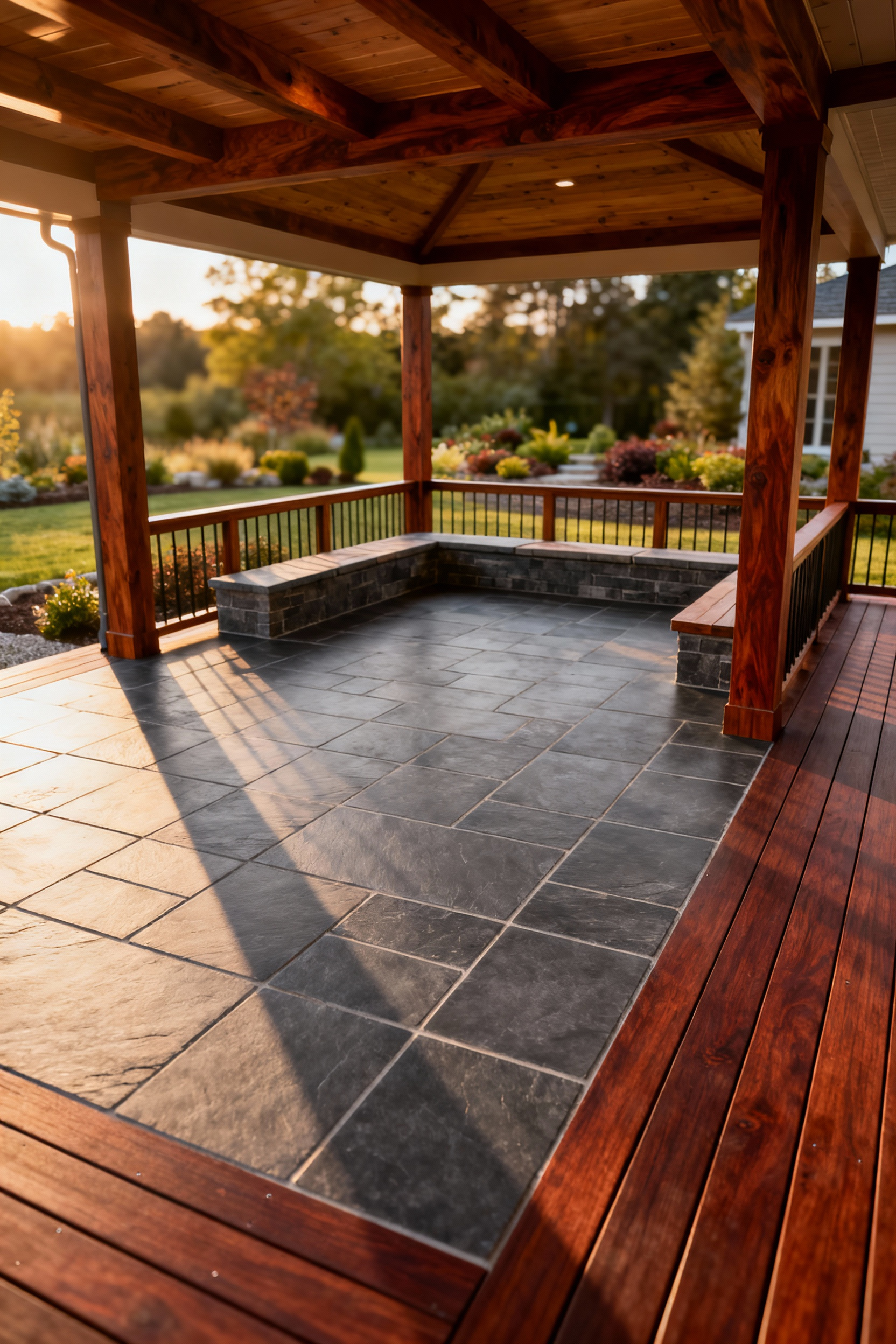 Architectural photograph of a luxury back porch foundation featuring deep brown composite decking, sealed gray stone tiles, and exposed, rot-resistant Western Red Cedar structural framing during the golden hour.