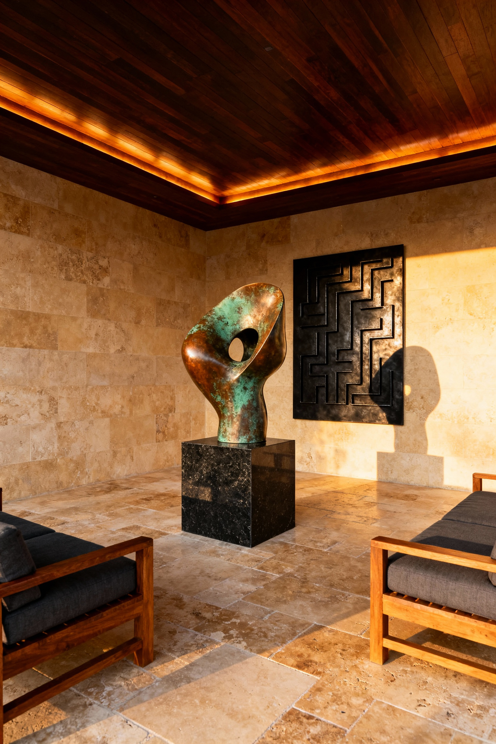 A luxurious, covered back porch transformed into an outdoor gallery featuring a weathered bronze abstract sculpture on a stone pedestal and a large, geometric powder-coated metal wall relief mounted on a dark exterior wall. The scene is illuminated by warm, golden hour light.