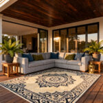 A photograph of a luxurious, covered back porch decorated like a seamless indoor drawing room, featuring a deep upholstered modular sectional sofa, a sophisticated patterned area rug, and seamless transition through wide open sliding glass doors.