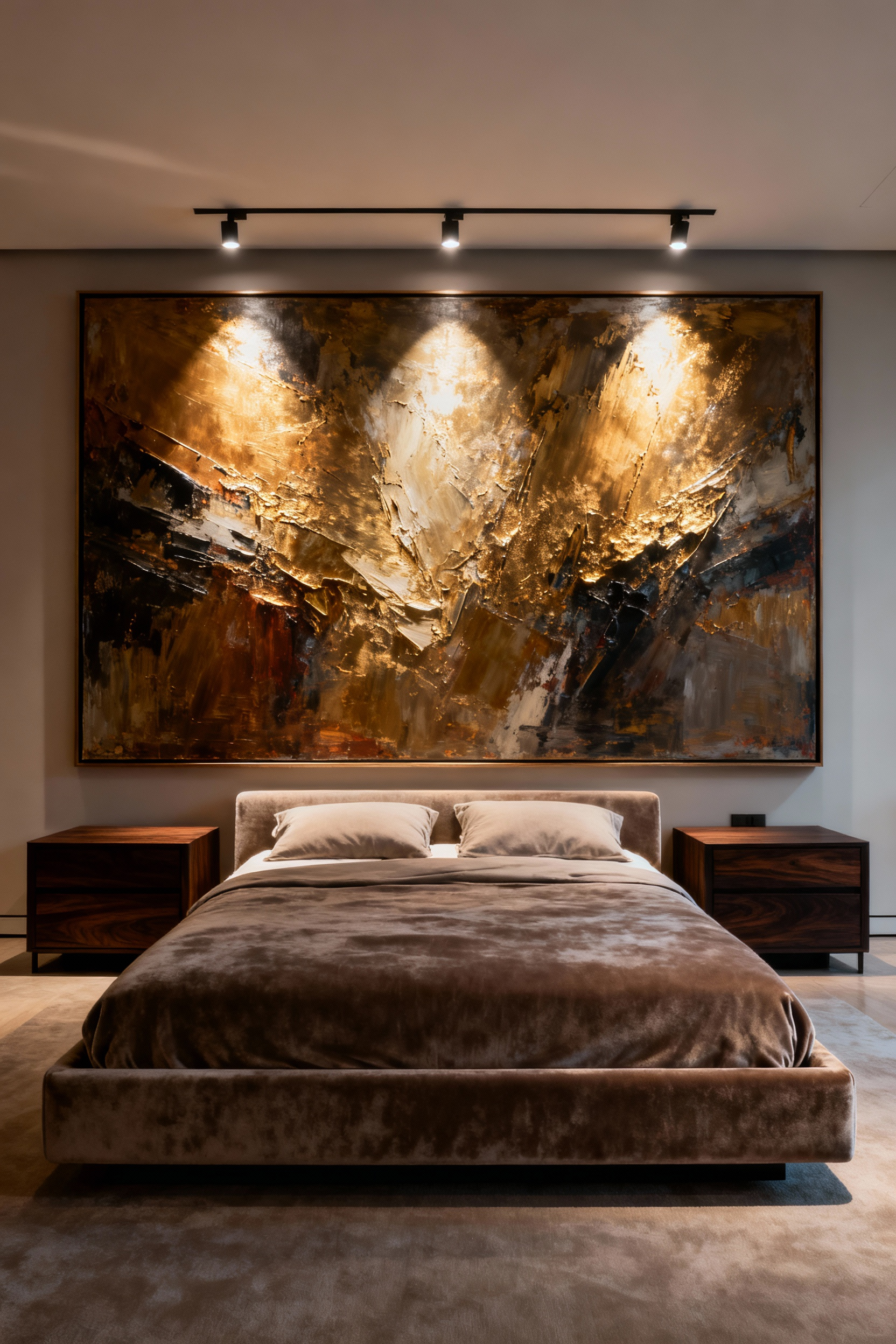 A luxury bedroom featuring a king bed with a massive, investment-grade abstract painting mounted above the headboard, precisely illuminated by dedicated LED spotlights.
