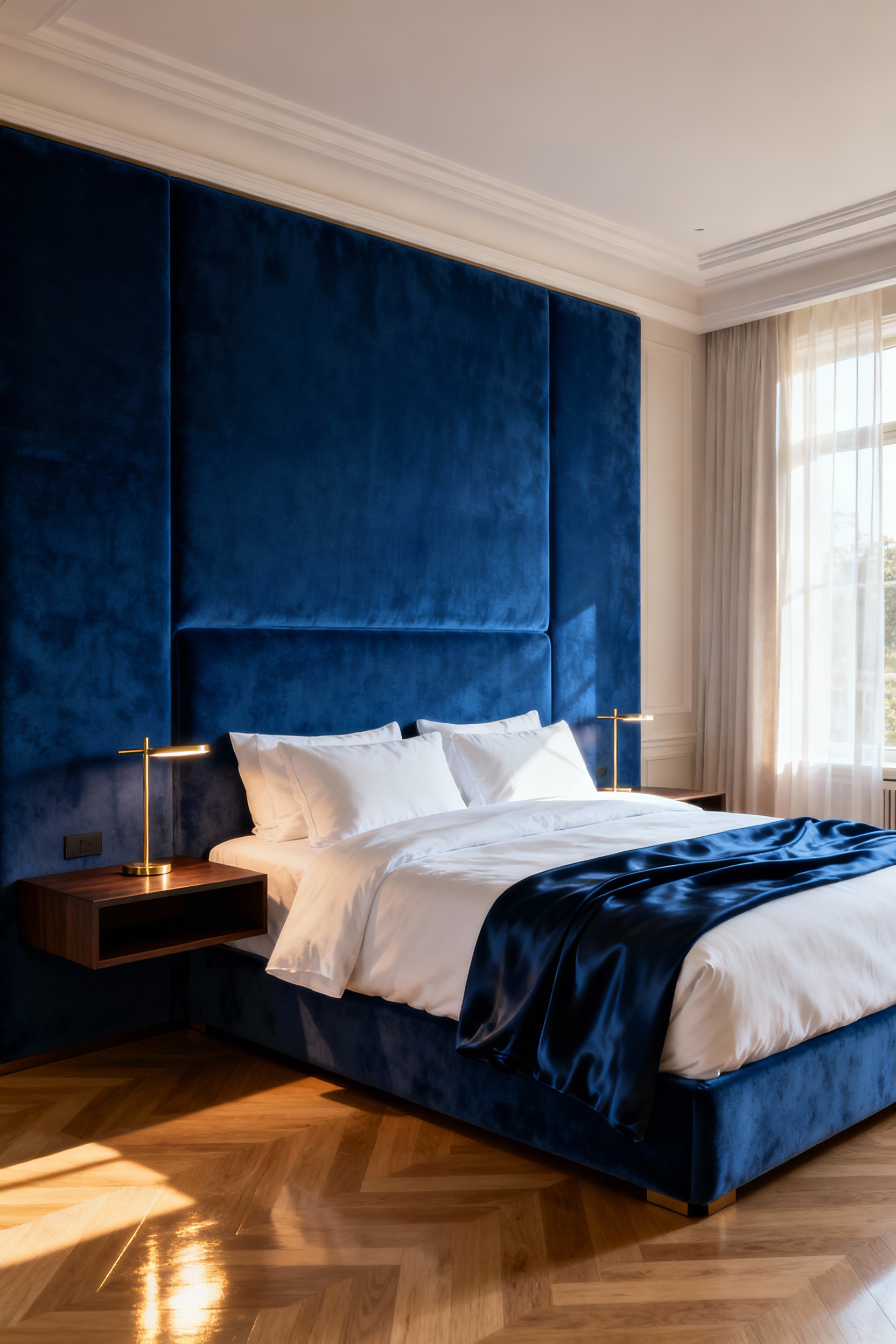 A spacious luxury bedroom featuring an oversized deep sapphire blue velvet headboard, crisp white bedding, and rich wood flooring, establishing the primary focal point of the room.