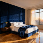 A spacious luxury bedroom featuring an oversized deep sapphire blue velvet headboard, crisp white bedding, and rich wood flooring, establishing the primary focal point of the room.