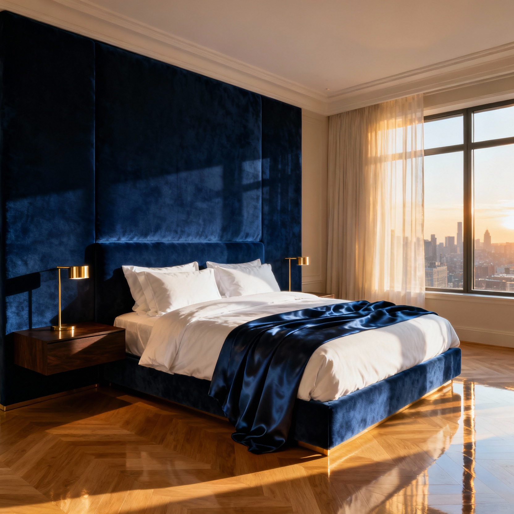 A spacious luxury bedroom featuring an oversized deep sapphire blue velvet headboard, crisp white bedding, and rich wood flooring, establishing the primary focal point of the room.
