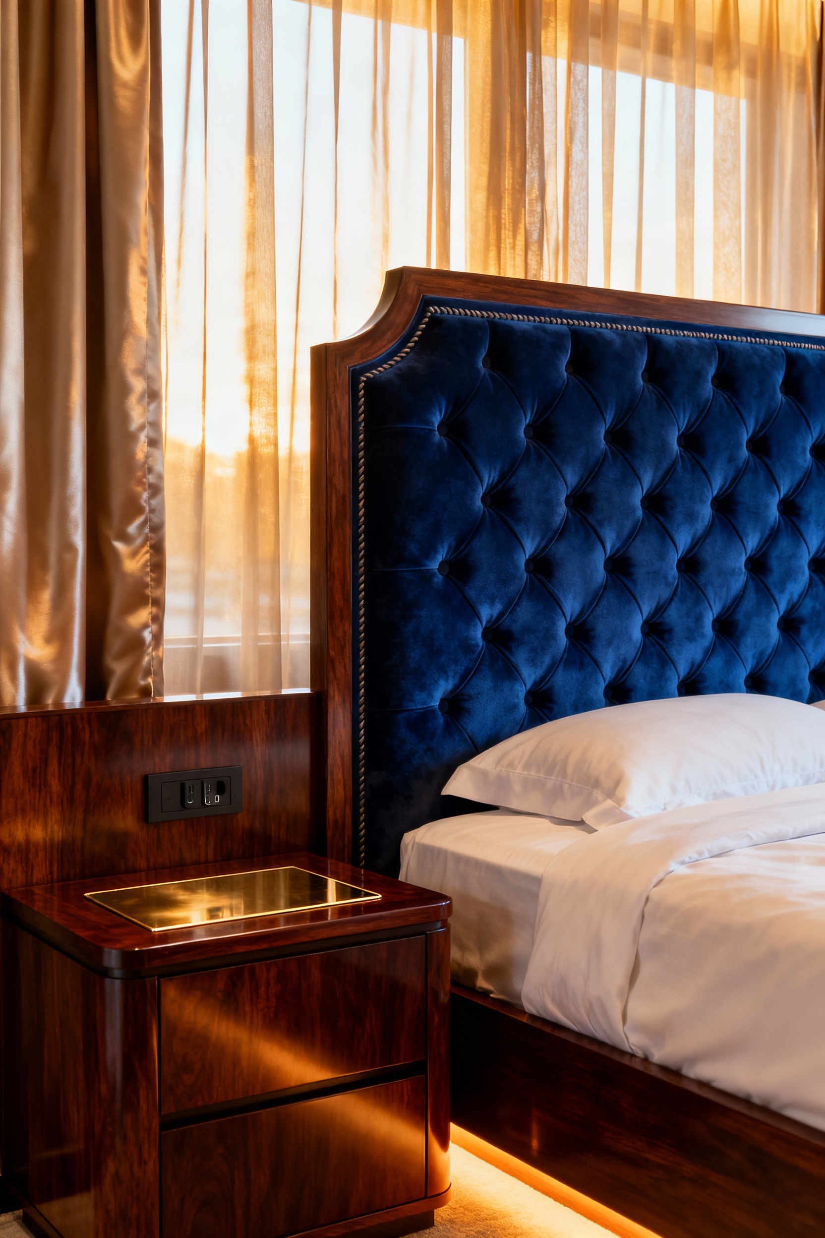 Luxurious bedroom furniture showcasing a deep sapphire tufted velvet headboard and dark mahogany nightstand with custom joinery hiding modern technology like flush wireless charging ports.