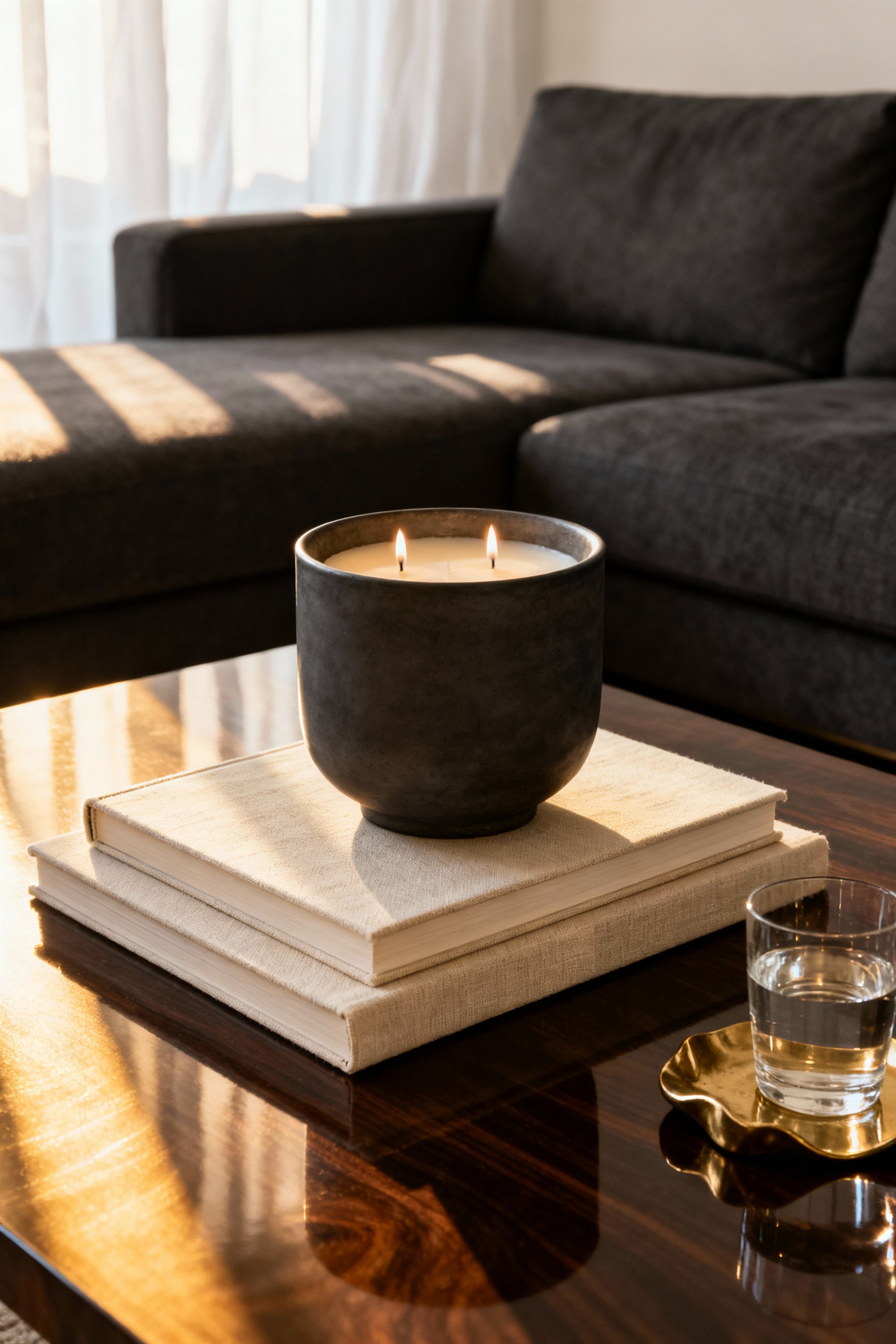 A modern styled coffee table featuring a prominent luxury ceramic candle, stacked design books, and a brass accent piece, illuminated by soft golden hour light.