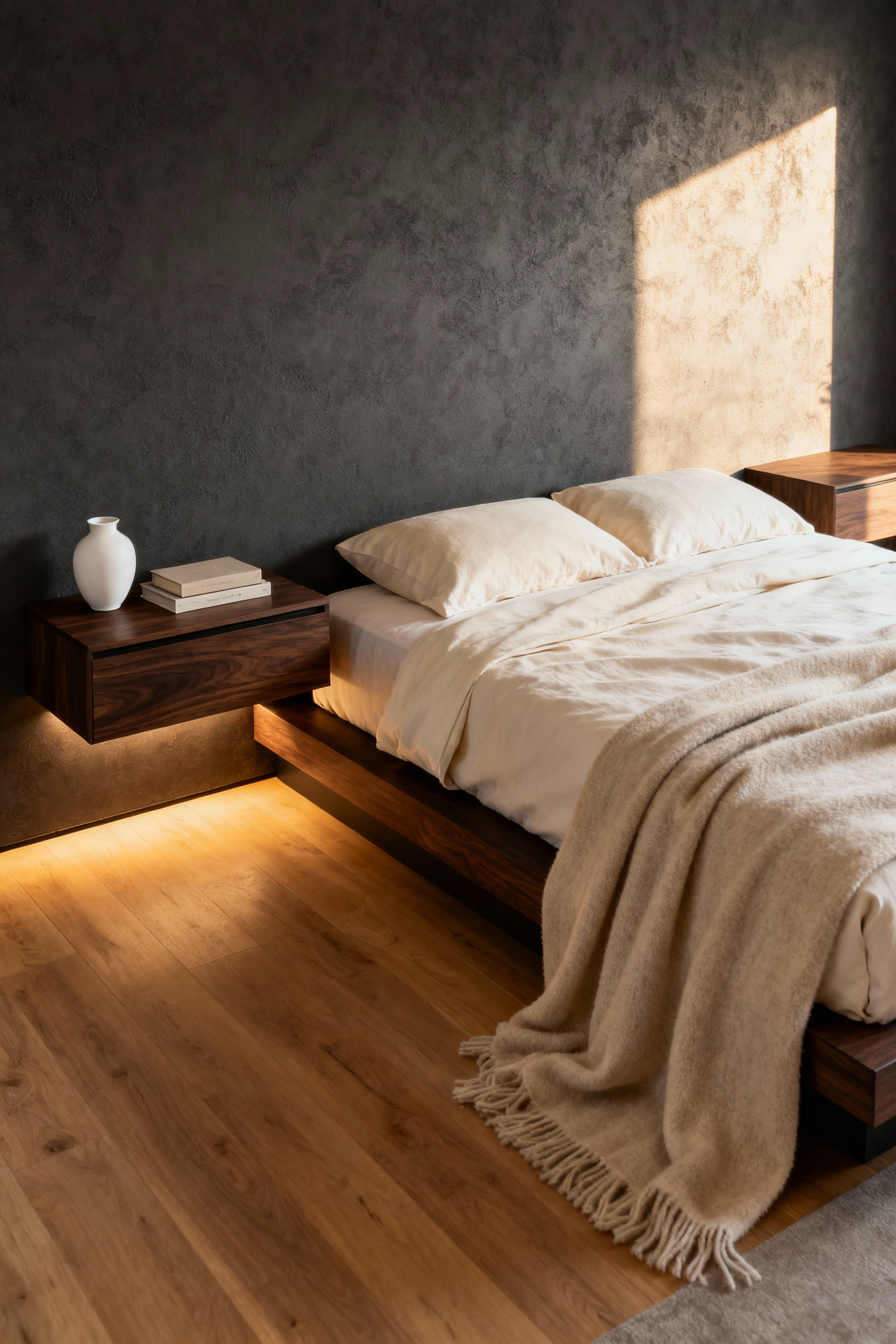 Luxurious modern master bedroom showcasing two weightless floating walnut nightstands that maximize floor space and spatial lightness next to a low-profile king bed.