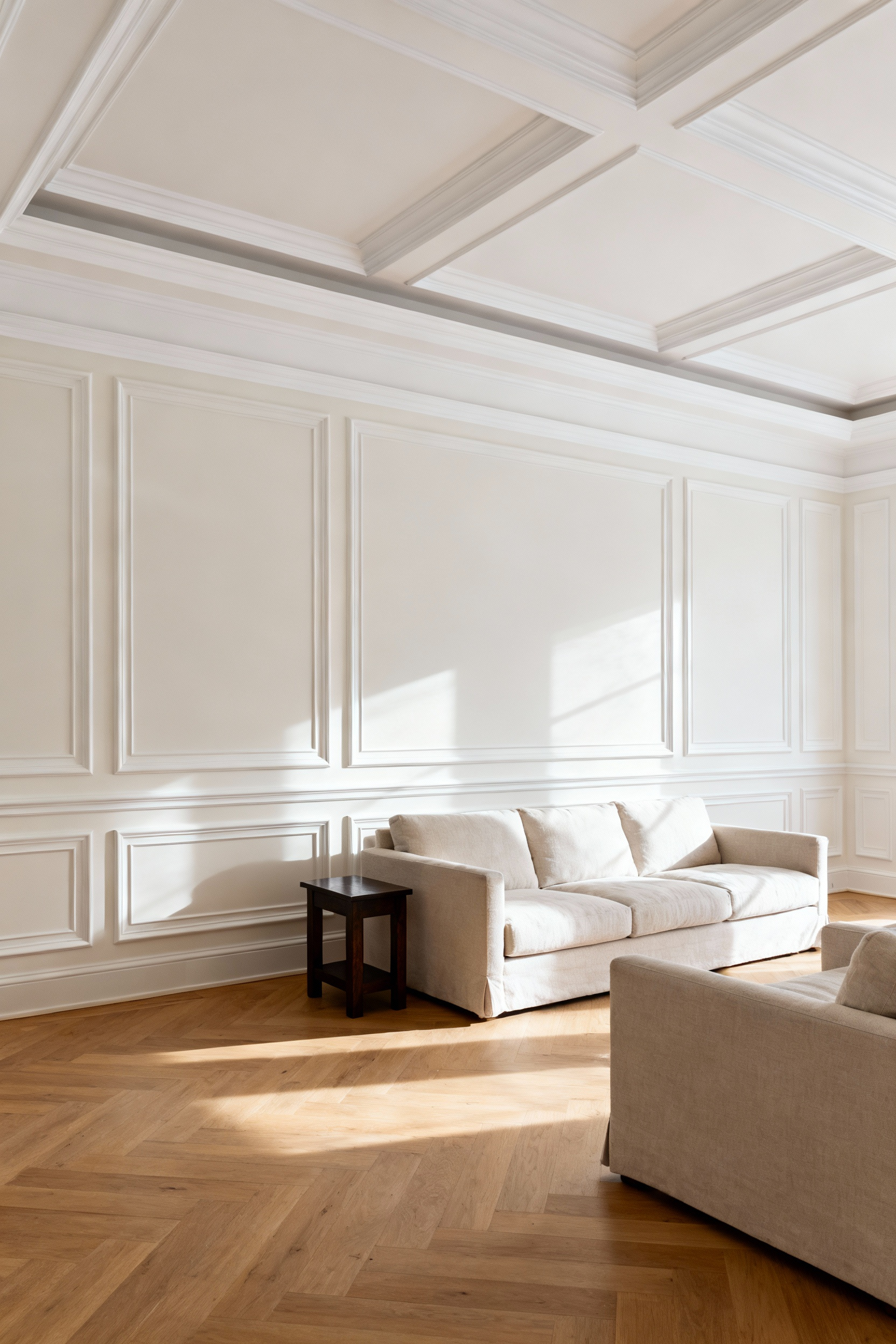 A luxurious, architecturally detailed living room featuring extensive, tiered crown molding and substantial picture frame wainscoting painted crisp white to showcase elevated millwork design.