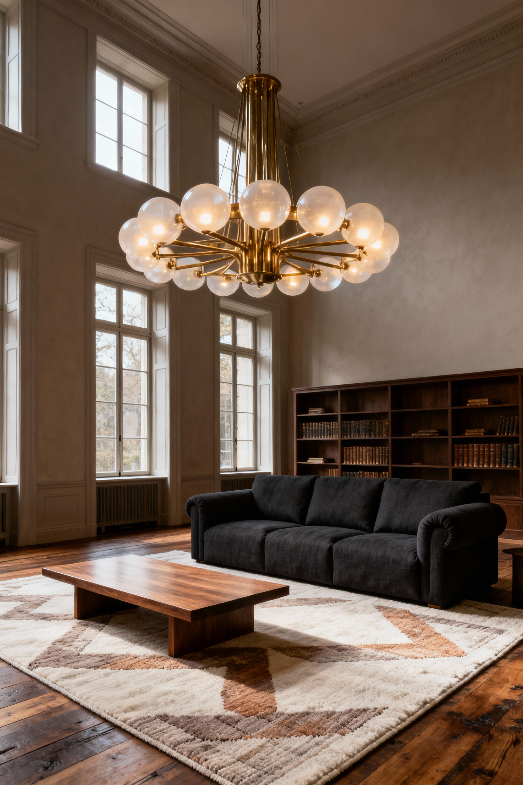 A photograph of a luxurious living room interior showcasing foundational investment pieces: a deep charcoal performance linen sofa, a large hand-knotted area rug, and a dramatic brass chandelier, emphasizing structural quality and enduring luxury.