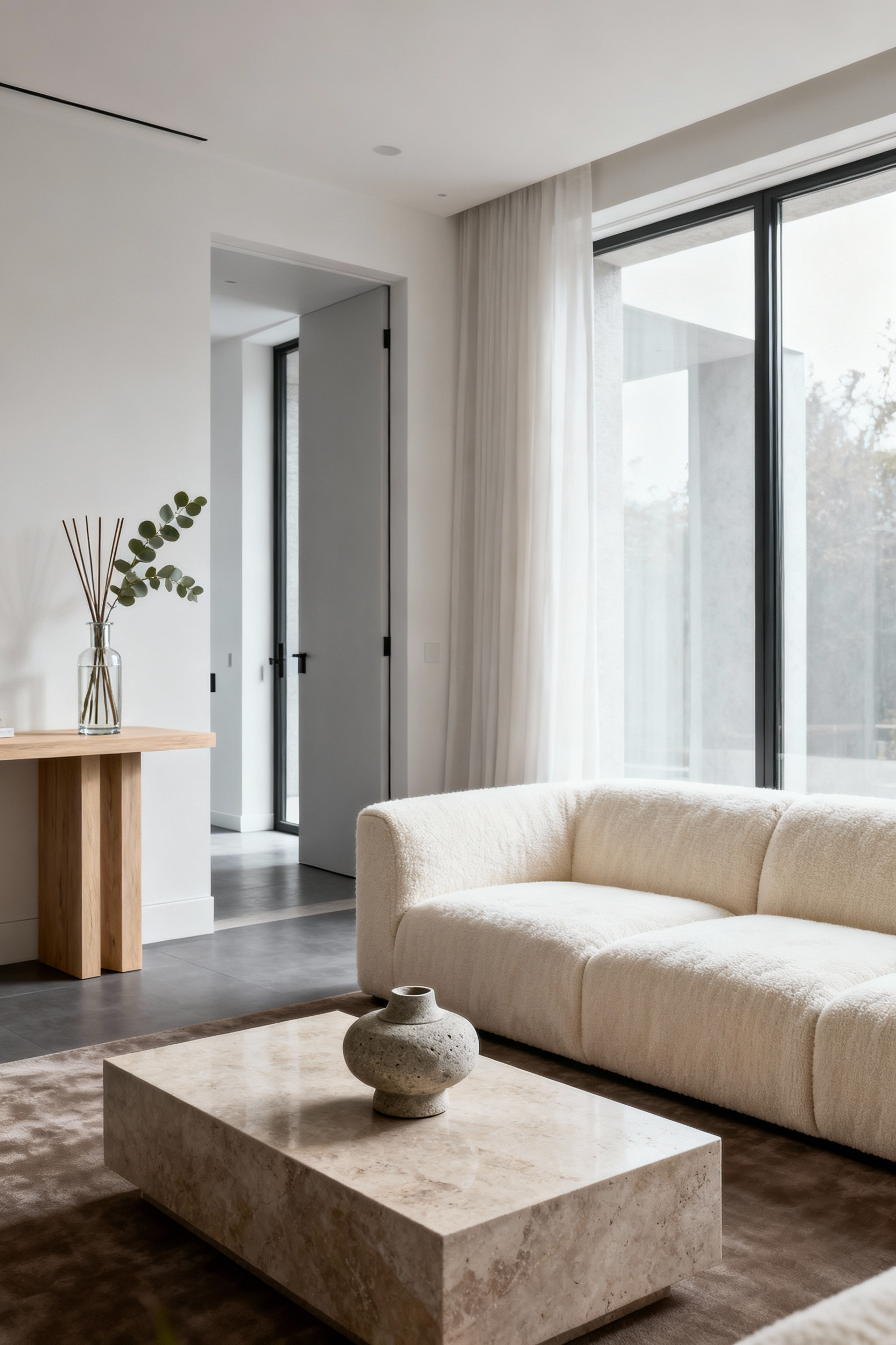 A luxurious, open-plan living room designed with invisible olfactory zoning, featuring a bright, minimalist entryway console table with a sharp diffuser leading into a warm seating area defined by a cream cashmere sectional and a subtle scent element.