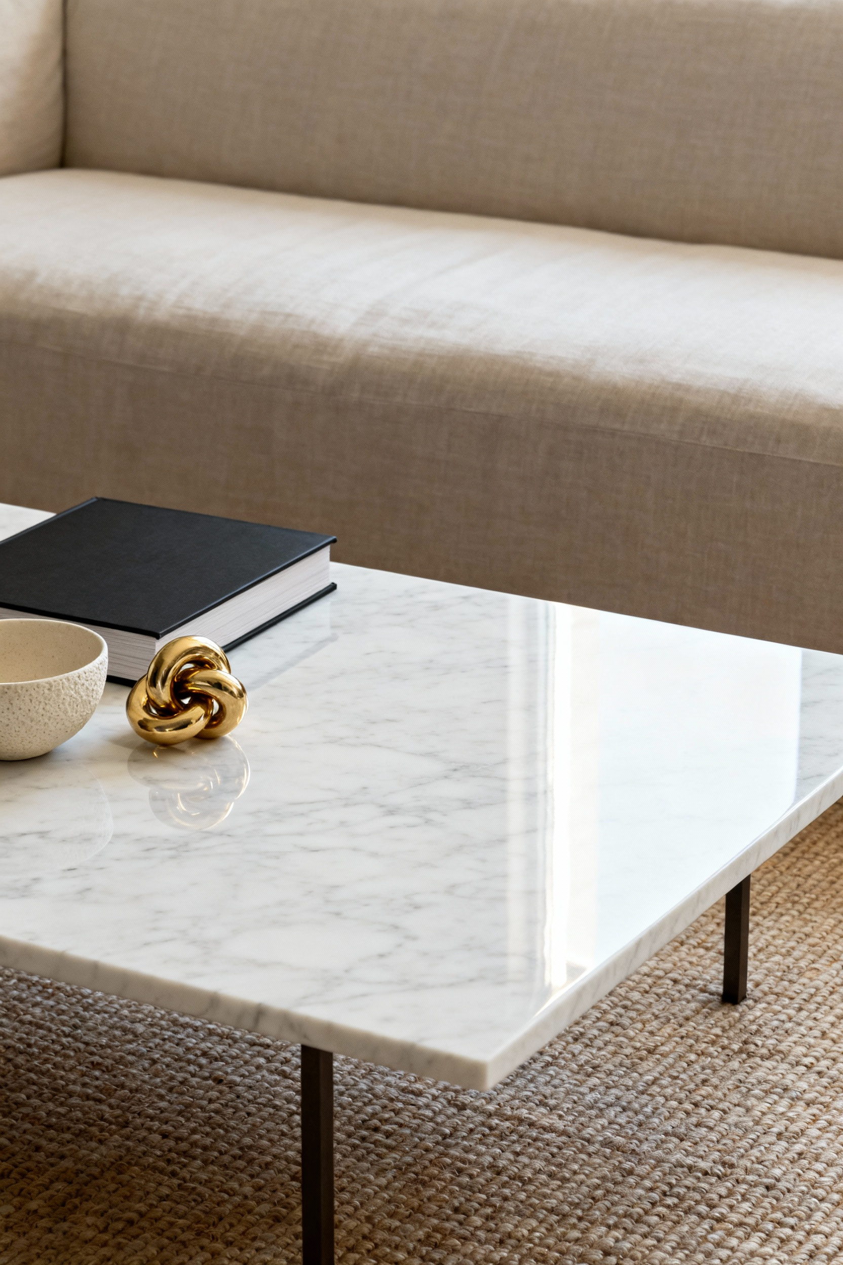 A minimalist luxury coffee table display showing a large polished white marble surface with only three highly curated items emphasizing significant empty negative space.