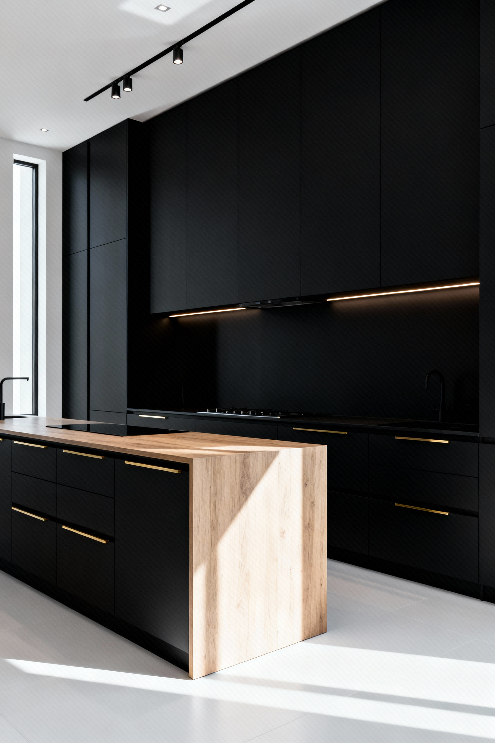 A modern luxury kitchen featuring seamless, super-matte black cabinets, perfectly clean due to advanced oleophobic and anti-fingerprint laminates, contrasted with a large light oak island.