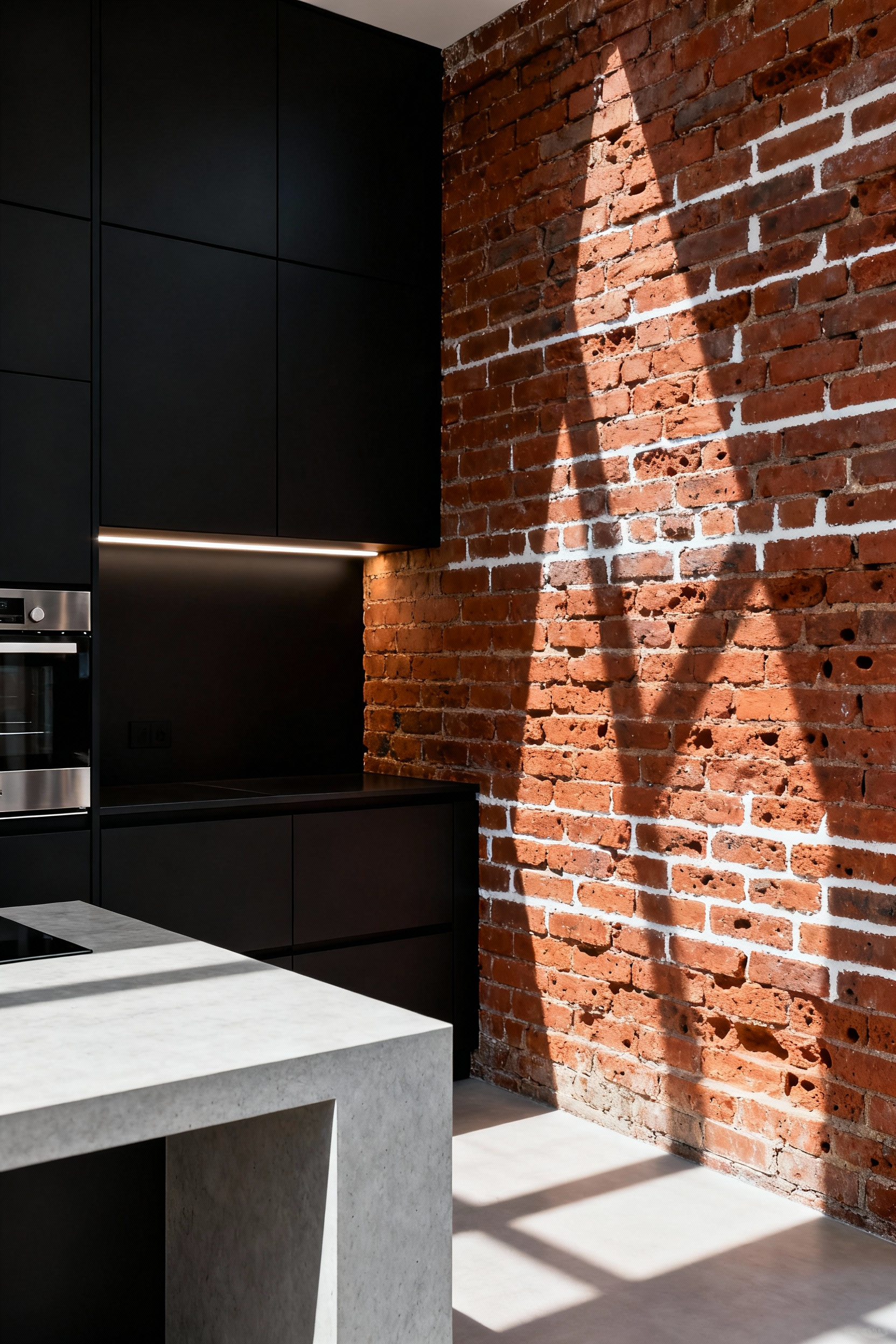 Sleek matte black kitchen cabinets set against a rugged, exposed red brick feature wall in a modern industrial kitchen, highlighting the intentional opposition of textures and finishes.