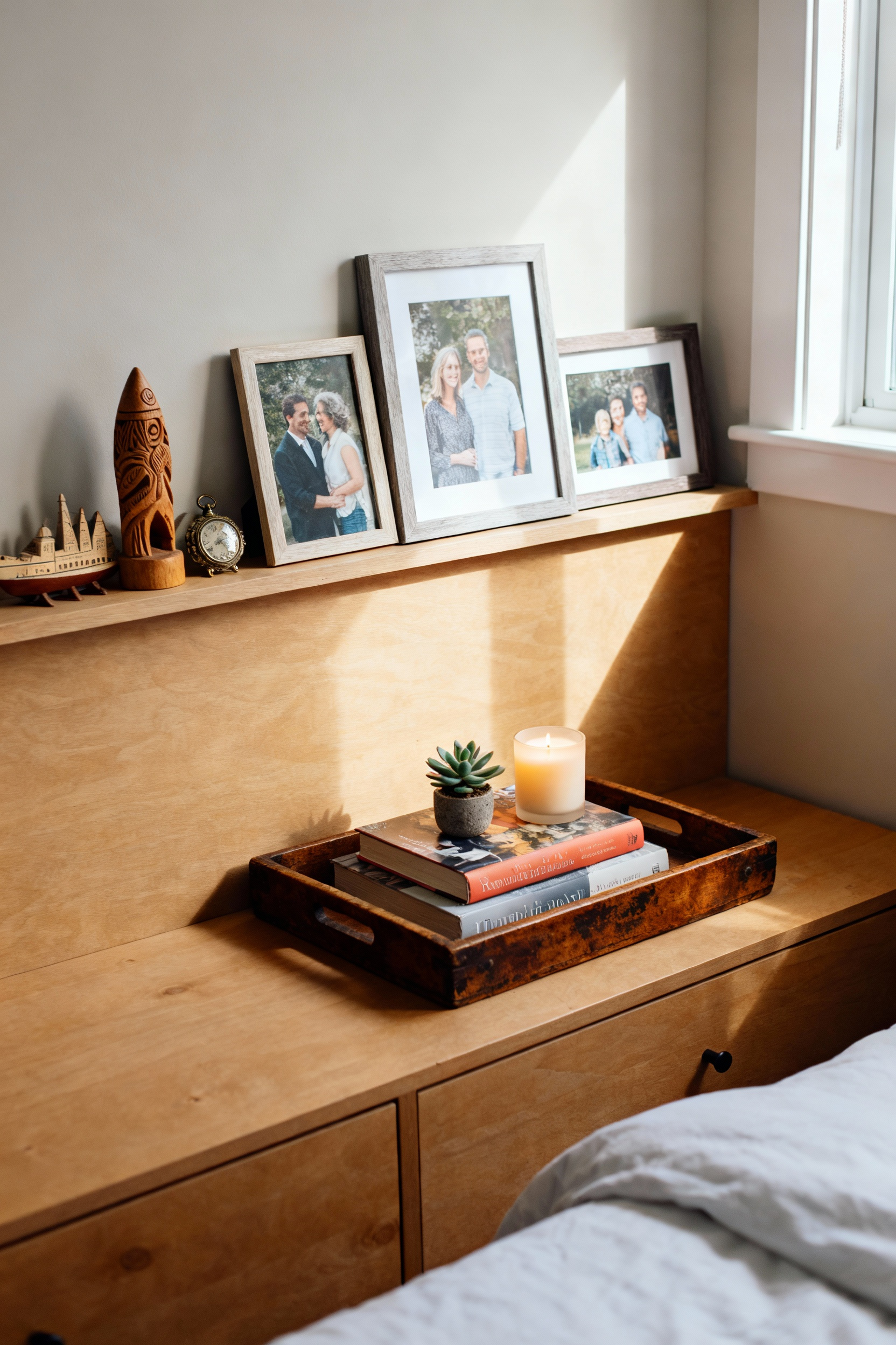 A beautifully arranged bedroom vignette featuring meaningful decor accessories. A wooden tray holds books and a candle, alongside shelves displaying personal framed photos and unique travel souvenirs, creating a serene and personalized space.