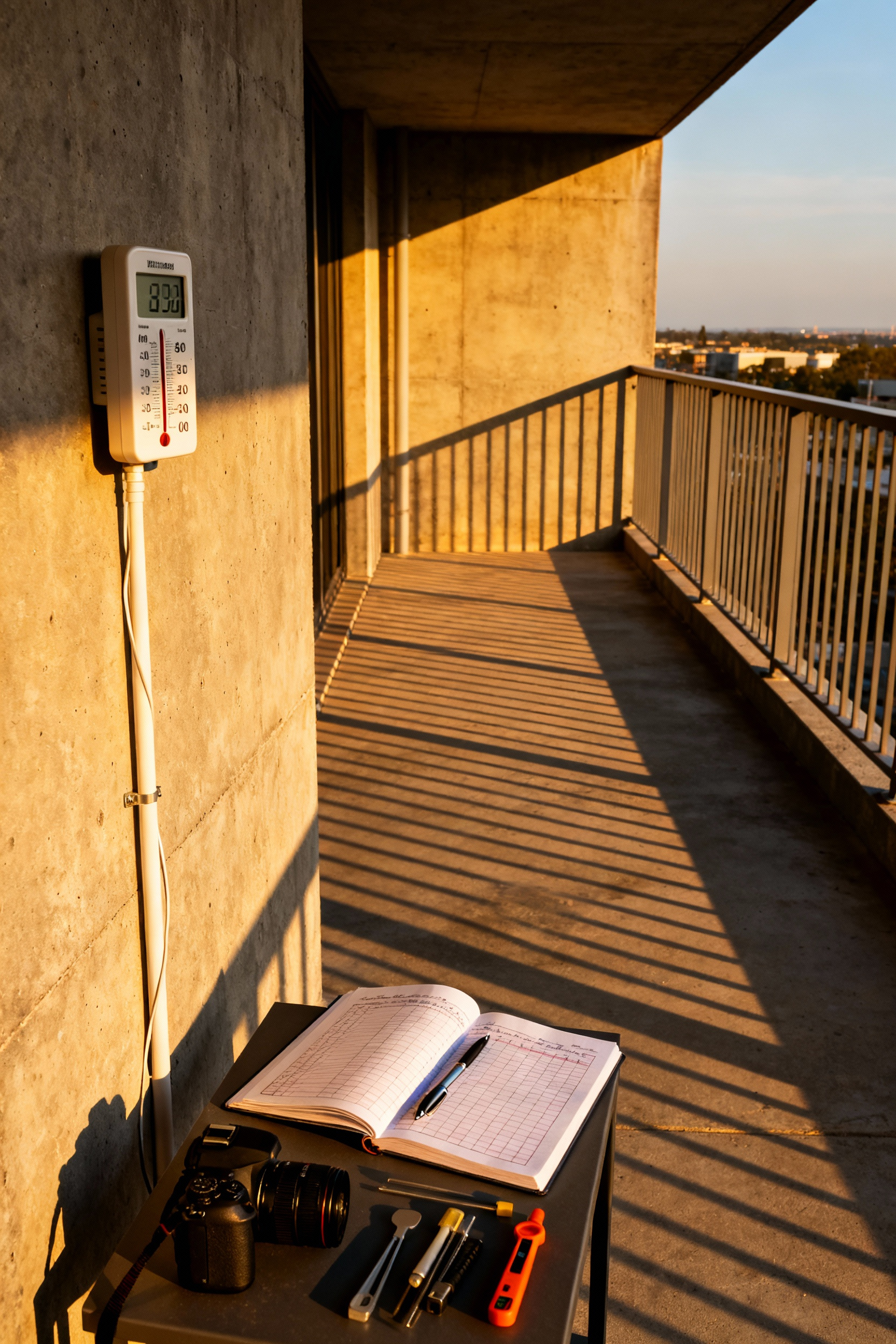 Urban concrete balcony displaying tools for microclimate assessment, including a min-max thermometer, an open logbook, and sharply defined sun and shade zones used for light mapping.