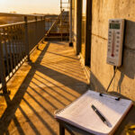 Urban concrete balcony displaying tools for microclimate assessment, including a min-max thermometer, an open logbook, and sharply defined sun and shade zones used for light mapping.