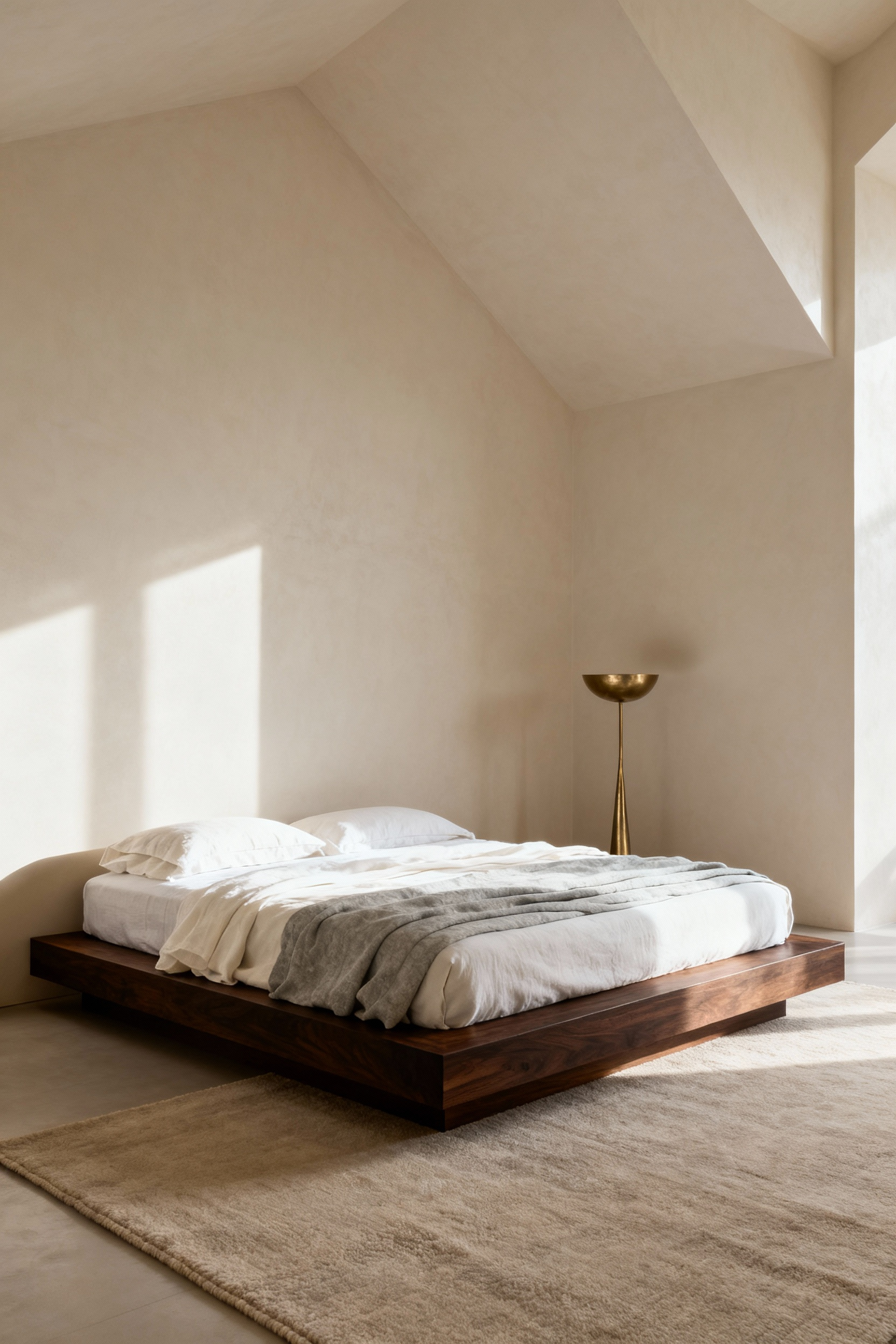 A photograph of a luxury minimalist bedroom showing a dark, low-profile plinth base bed with layered linen bedding, emphasizing architectural tranquility and high ceilings.