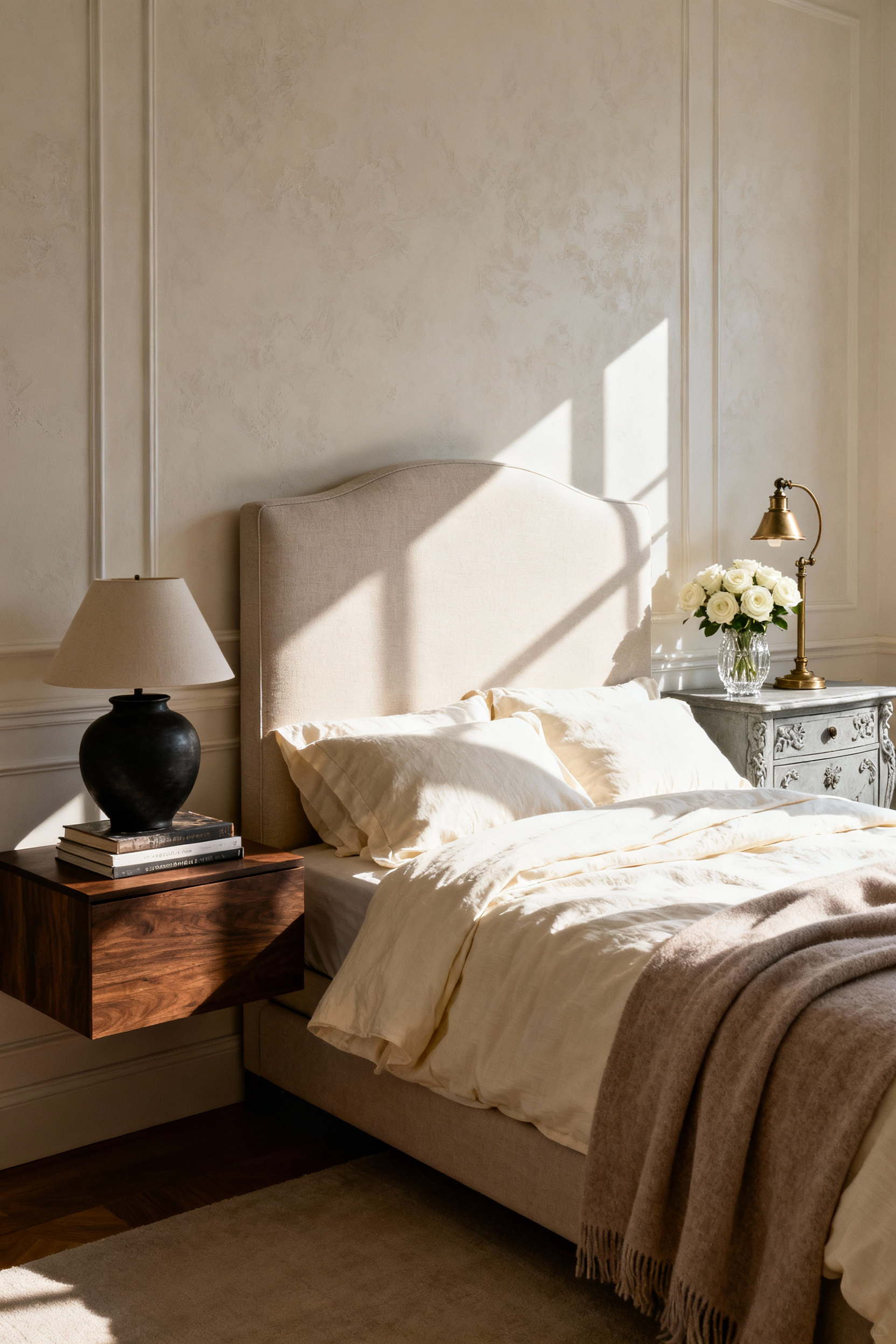 A luxury bedroom design showing a king bed flanked by two intentionally mismatched nightstands—one modern dark wood and one antique carved commode—to create a curated, collected aesthetic.