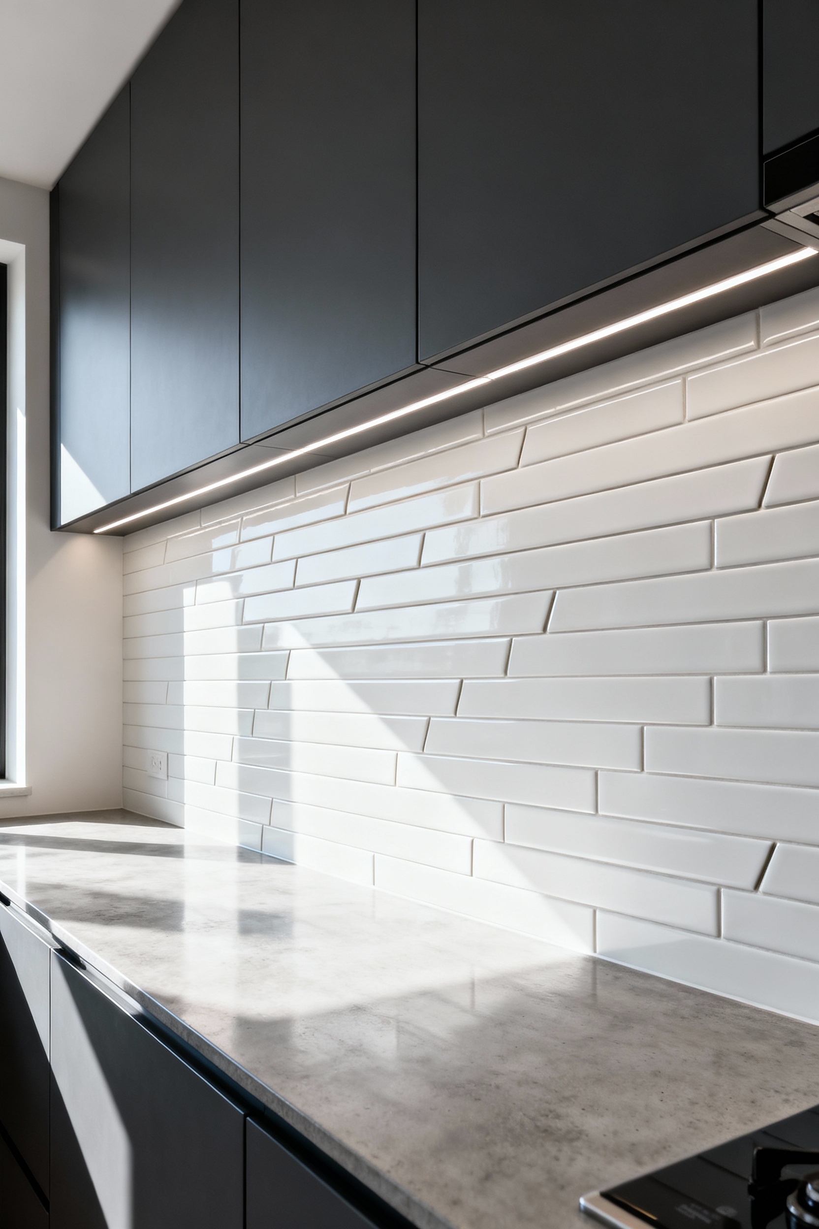 A modern kitchen backsplash featuring elongated white plank subway tiles installed in a contemporary one-third offset running bond pattern over dark gray cabinetry.
