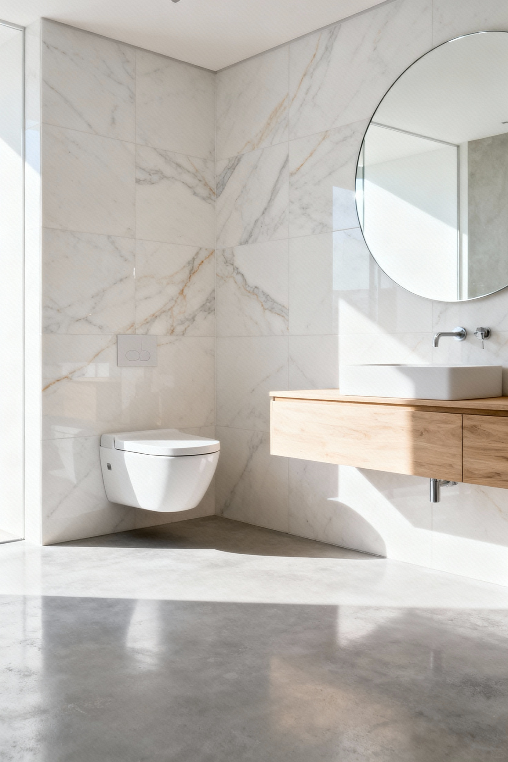 A bright, modern minimalist bathroom featuring a white wall-mounted toilet bowl floating above a seamless light grey floor, highlighting the design's space-saving effect and lack of visual interruption.