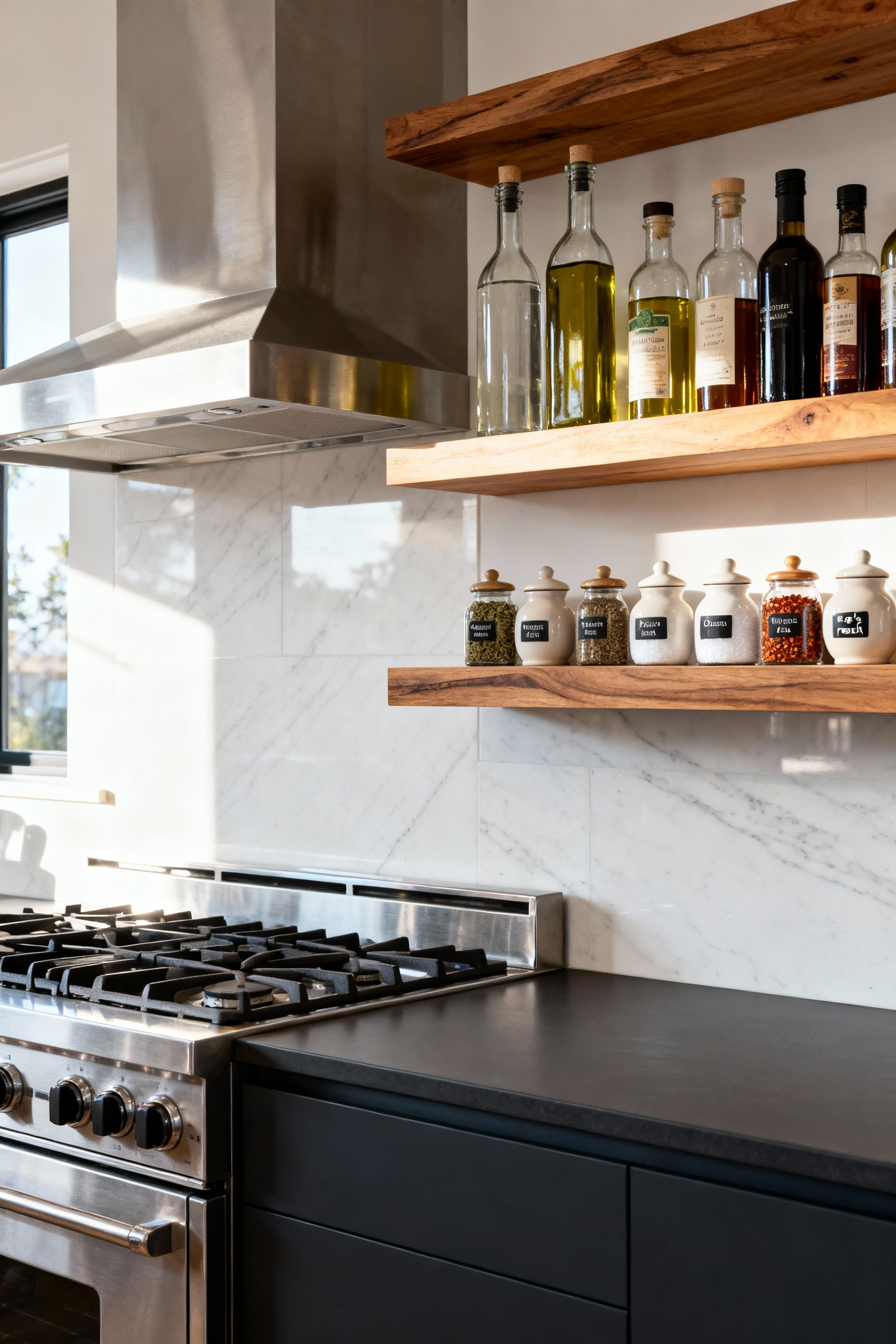 Organized natural wood floating shelving dedicated to cooking essentials like oils and spices, positioned immediately adjacent to a stainless steel gas range in a modern kitchen.