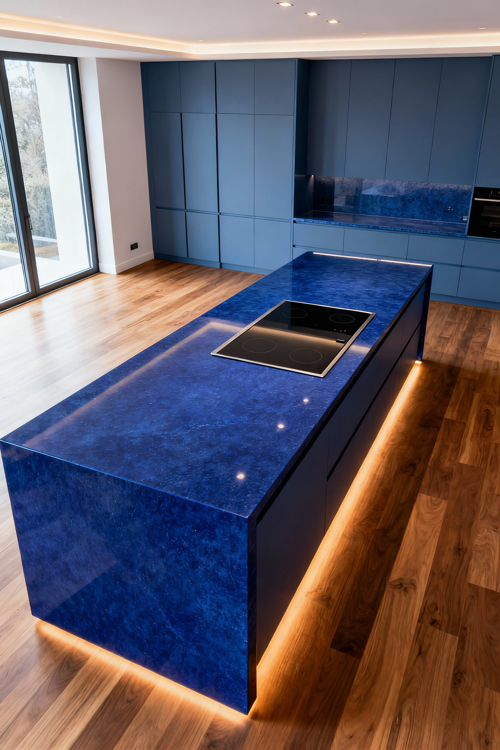 Monolithic blue kitchen island with waterfall edges, matte sapphire lacquer, polished blue quartz countertop, integrated appliances, recessed lighting, and modern blue-grey cabinetry.