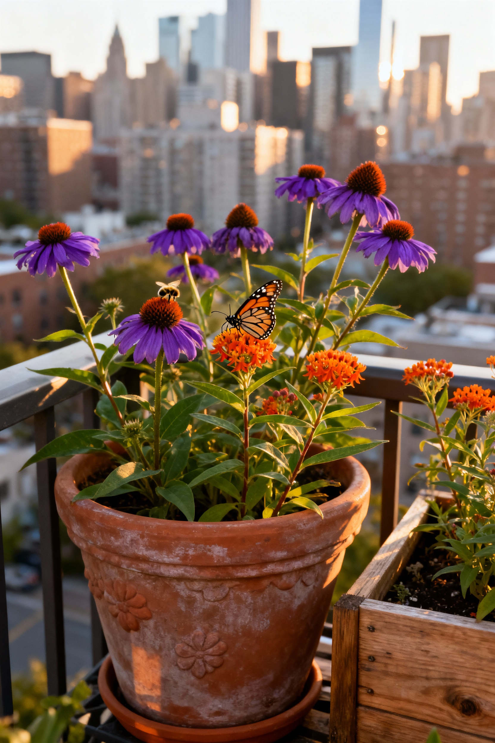 A vibrant urban balcony container garden featuring native keystone plants like milkweed and coneflowers, acting as a habitat for a feeding Monarch butterfly, set against a blurred city skyline.