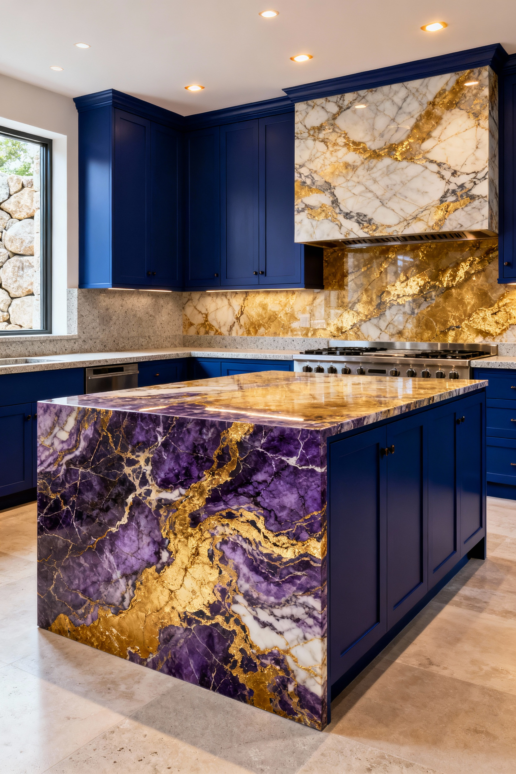 Elegant blue kitchen with a veined Calacatta Gold marble island and honed soapstone countertops, showcasing luxurious natural stone interplay.
