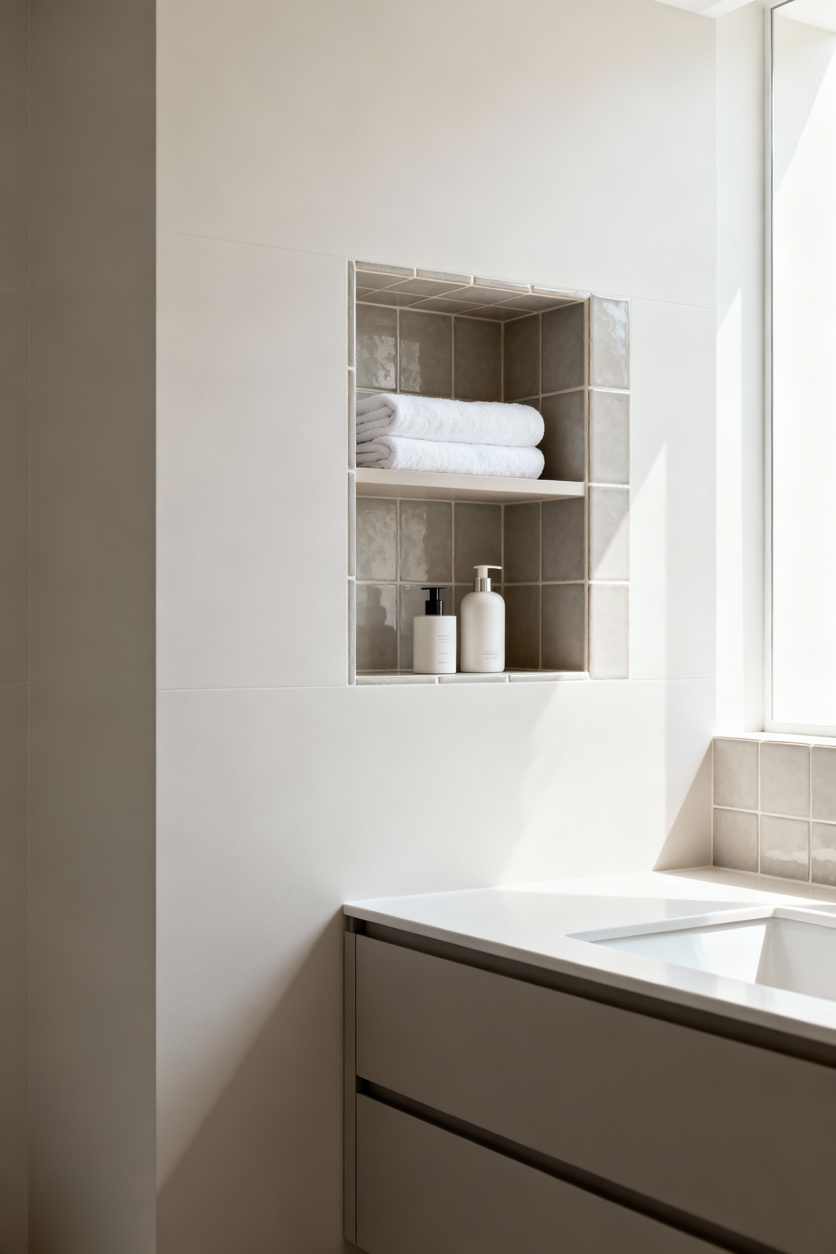 Custom-built recessed niche shelving with contrasting tiles in a small, modern bathroom, offering concealed storage for toiletries and towels, enhancing a sleek, decluttered look.