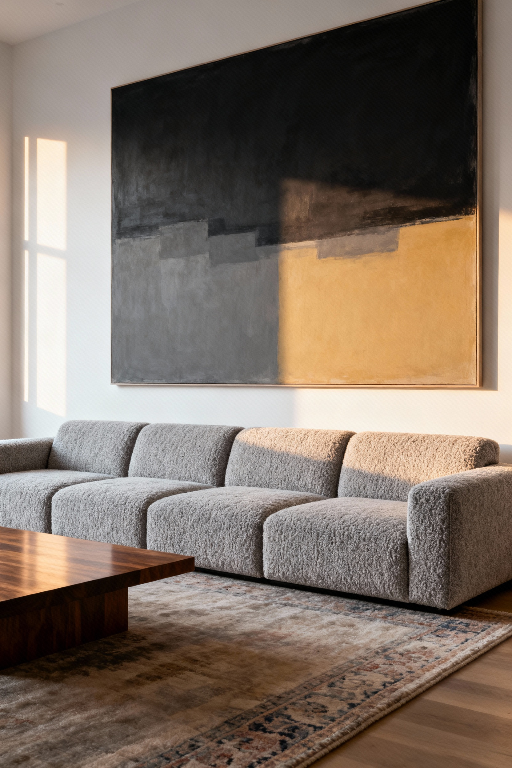 Oversized abstract statement art anchors a sophisticated modern living room above a substantial, low-profile grey sectional sofa, demonstrating the Rule of Scale and minimizing visual clutter.