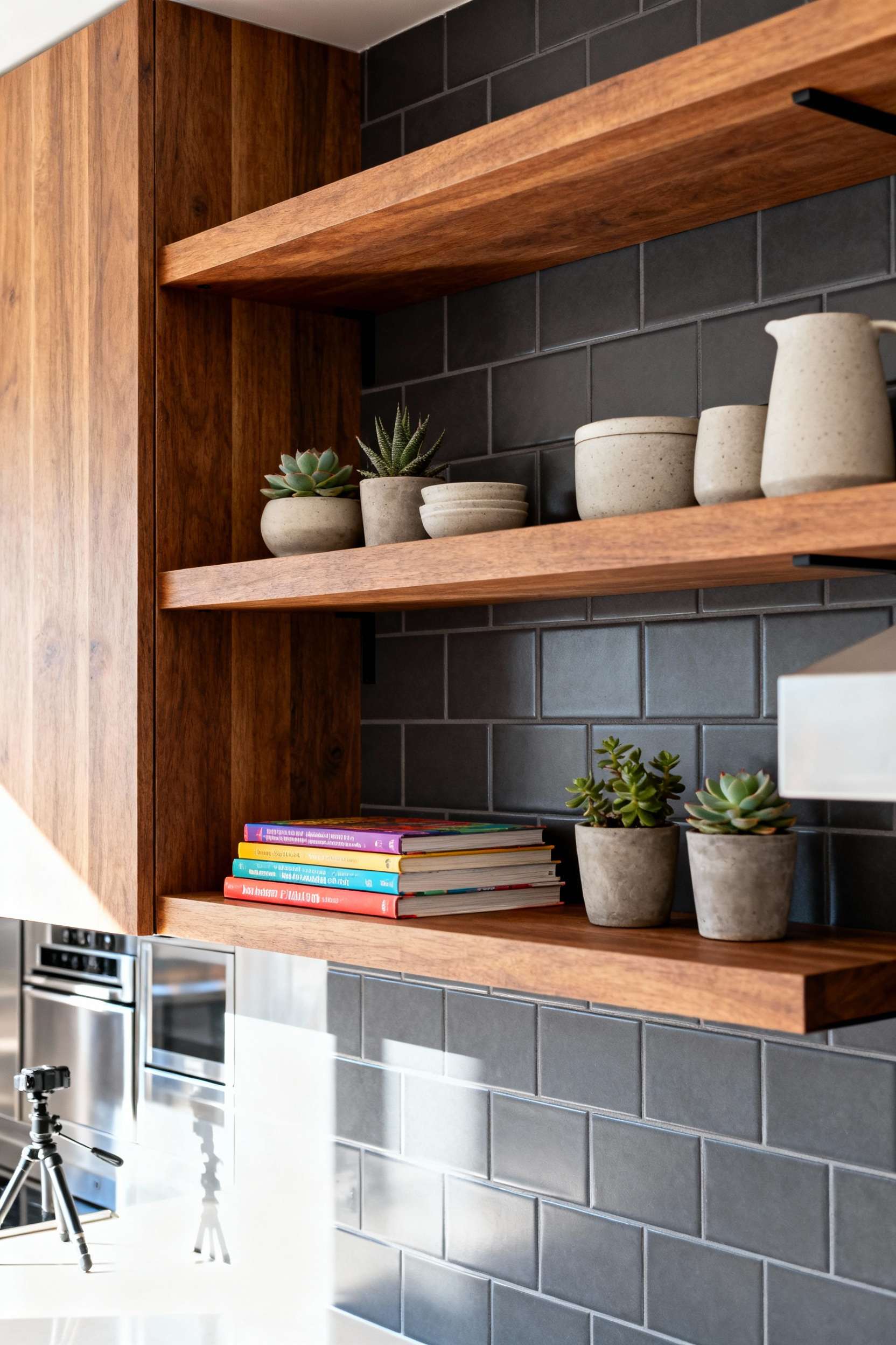 Perfectly aligned photograph of modern walnut open kitchen shelving above a dark gray subway tile backsplash, shot with deep depth of field.