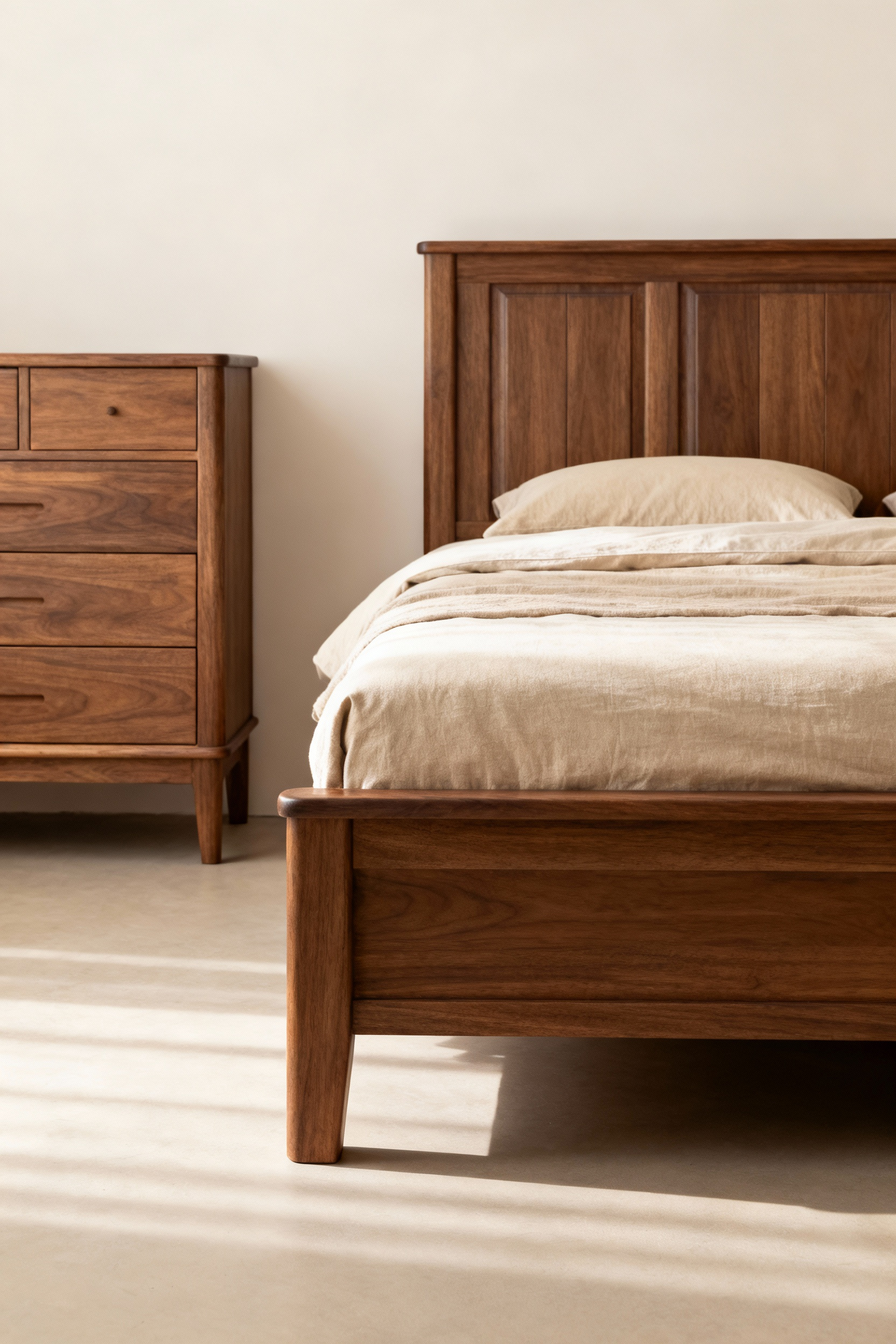 A beautifully styled bedroom showcasing premium, solid wood furniture designed for lasting quality and timeless appeal. The scene features a robust bed frame, an elegant dresser, and simple nightstands, all reflecting excellent craftsmanship and bathed in soft natural light, conveying enduring sophistication.
