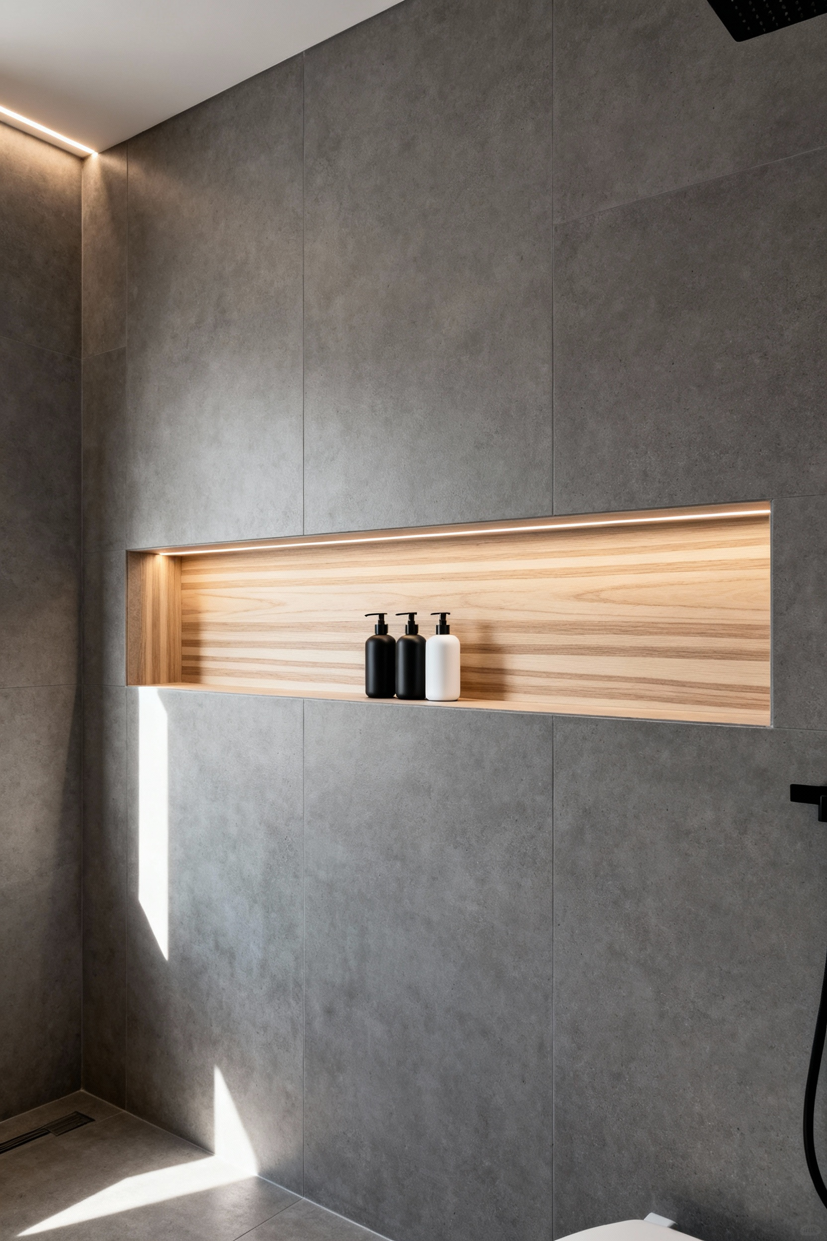 Professional photo showing a sleek, horizontally recessed shower niche lined with wood veneer inside matte gray concrete tiles, illustrating modern clutter-free bathroom storage.
