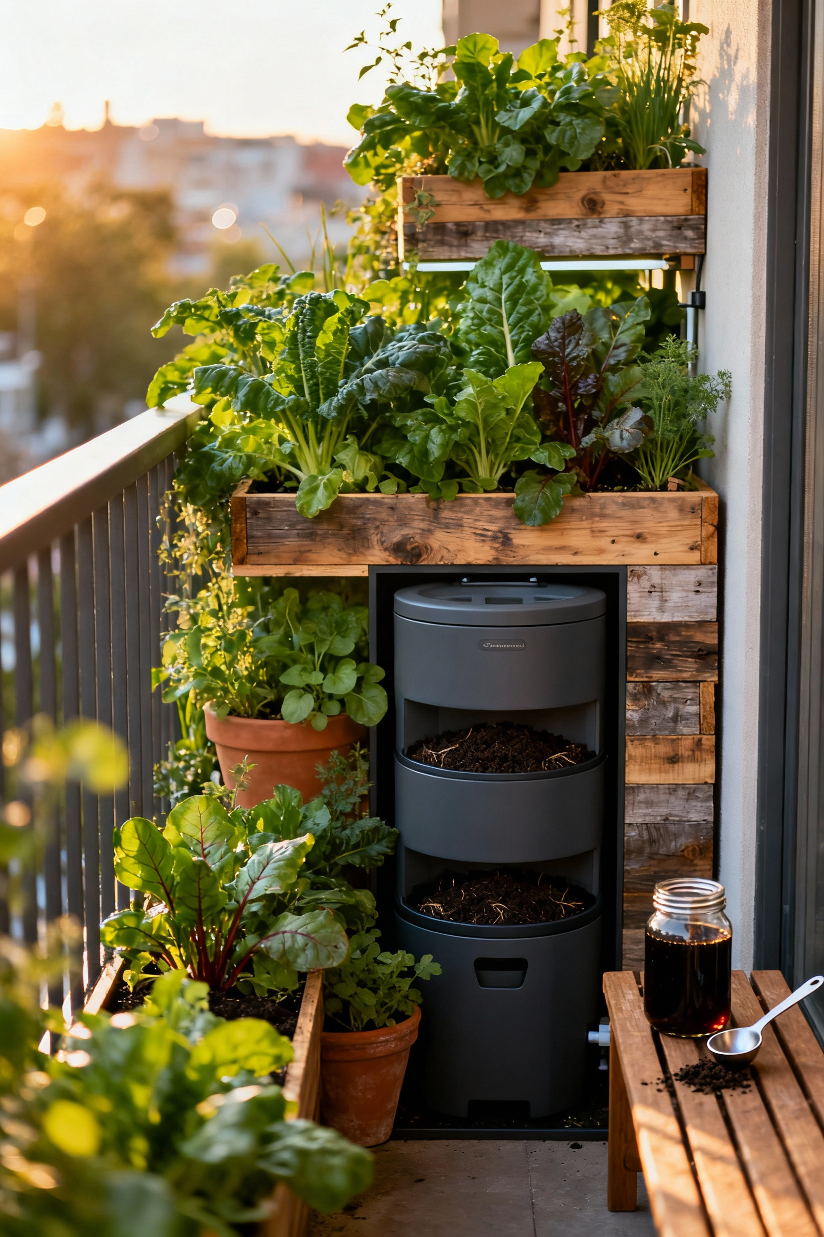 A lush urban balcony garden showcasing a sustainable, closed-loop system with integrated tiered vermicomposting and overflowing edible planters.