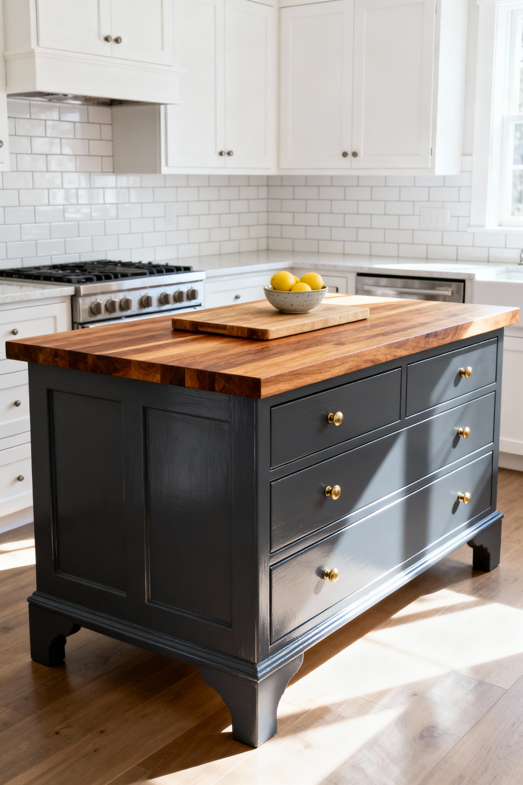 A repurposed vintage wood dresser painted deep slate gray and topped with a thick maple butcher block, functioning as a stylish, budget-friendly custom kitchen island.