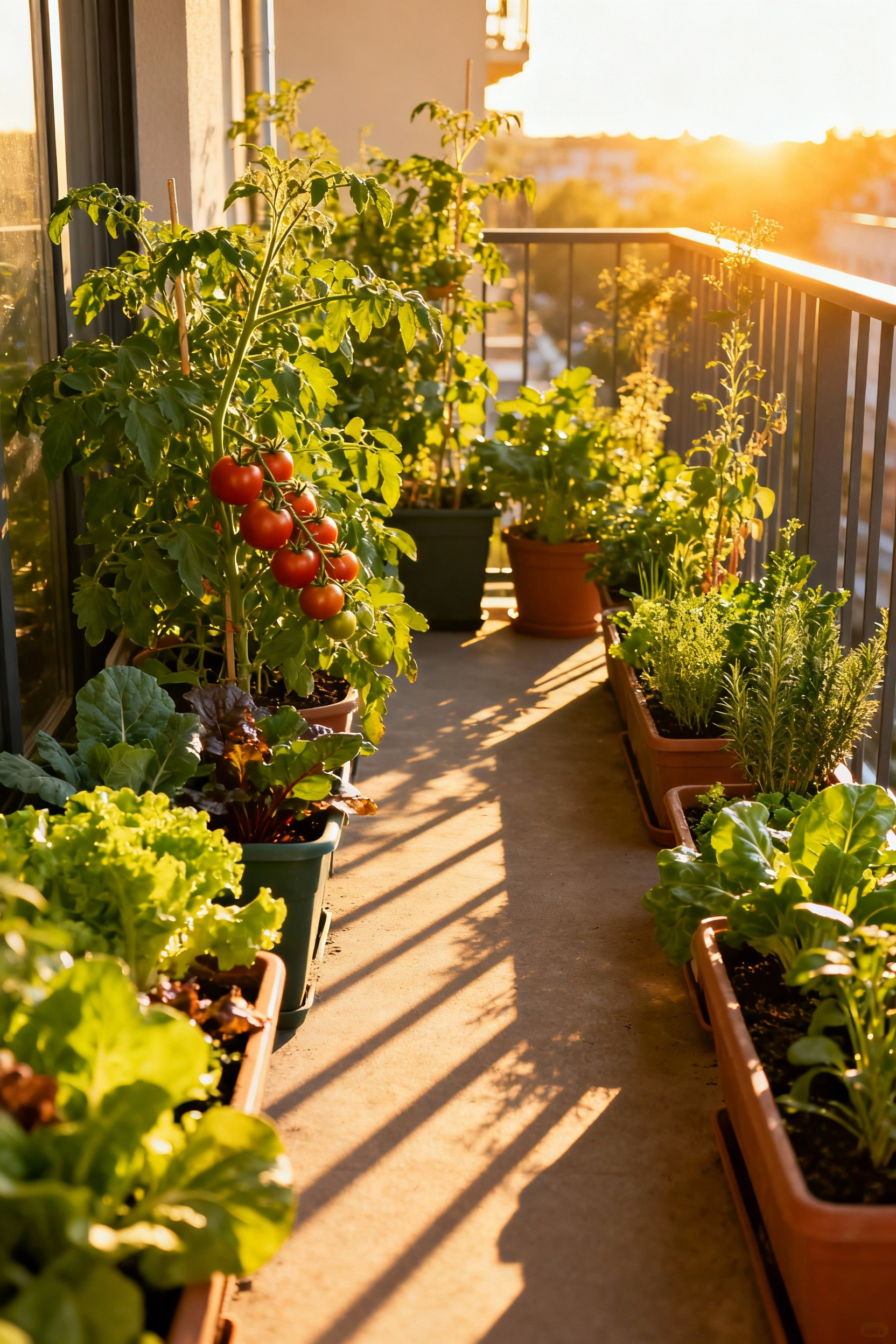 A balcony container garden with distinct sunlit and shaded areas, demonstrating ideal sun exposure mapping for various thriving vegetables.