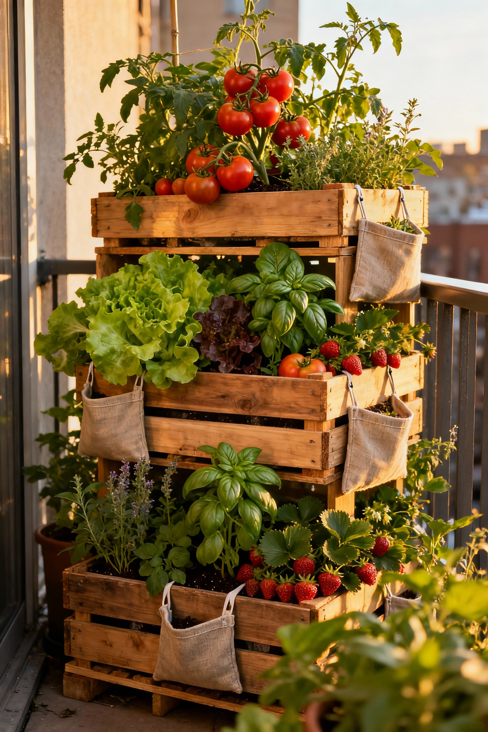 Vertical container garden on a balcony with thriving tomatoes, leafy greens, strawberries, and basil, maximizing small urban space.