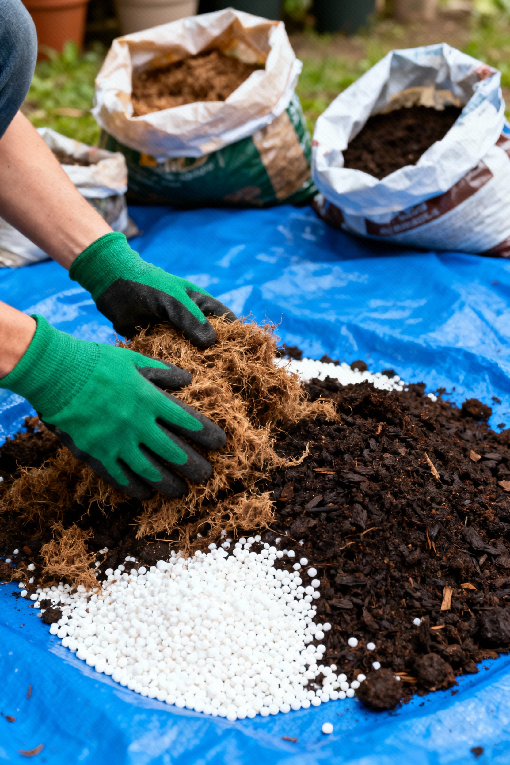 Close-up of hands in gardening gloves mixing peat moss, compost, and perlite on a blue tarp to create a custom potting mix. Bags of gardening supplies are in the background.